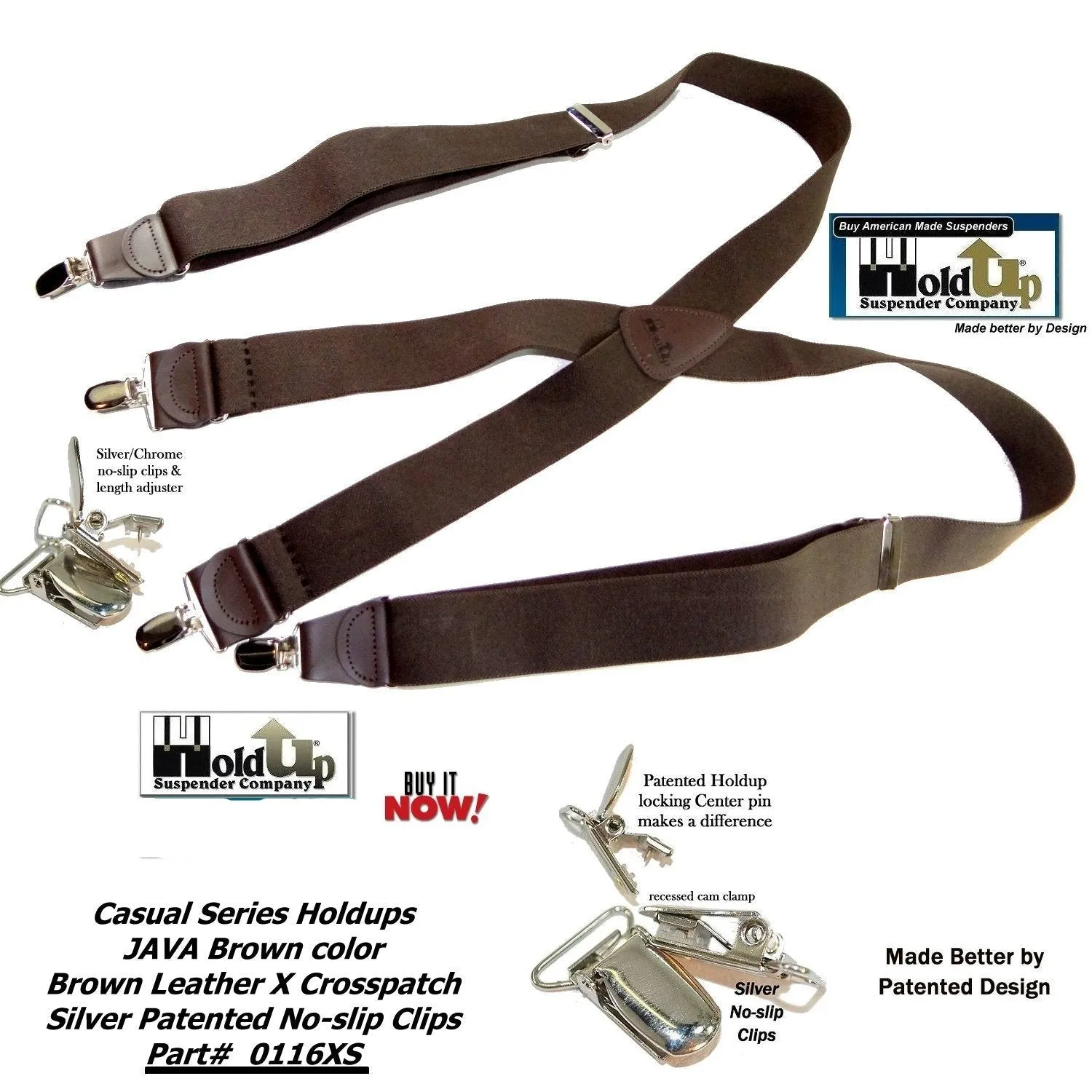 Holdup Suspender Company's Dark Java Brown Casual Series X-back Suspenders with Patented No-slip Nickel plated Clips