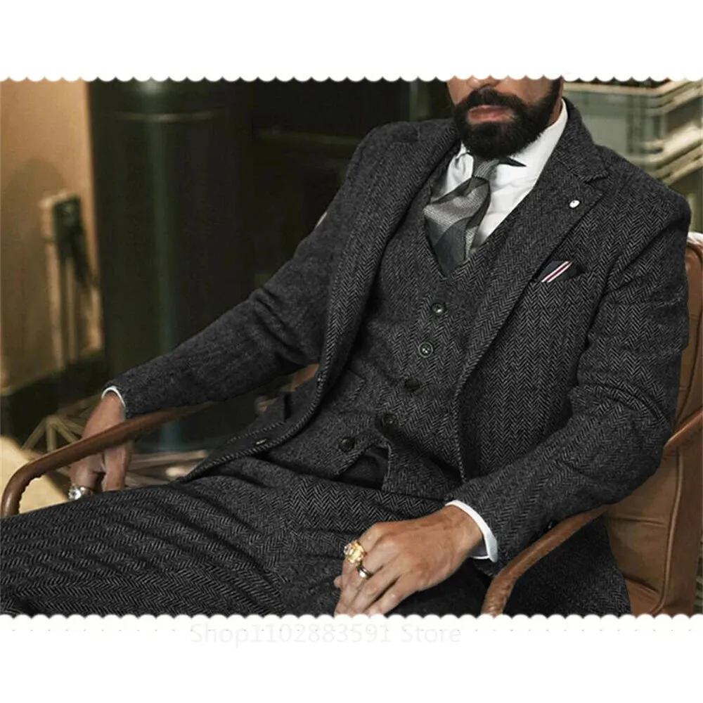 (Jacket  Vest  Pants) Gray Wool Tweed Winter Men Suit's For Wedding Herringbone Male Formal Groom Tuxedo Fashion 3 Piece