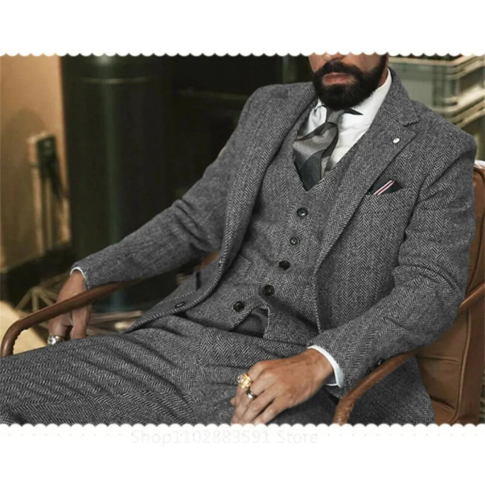 (Jacket  Vest  Pants) Gray Wool Tweed Winter Men Suit's For Wedding Herringbone Male Formal Groom Tuxedo Fashion 3 Piece
