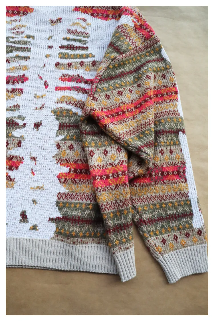 Japanese niche retro portrait pattern pullover purple red Crew Neck pullover sweater s