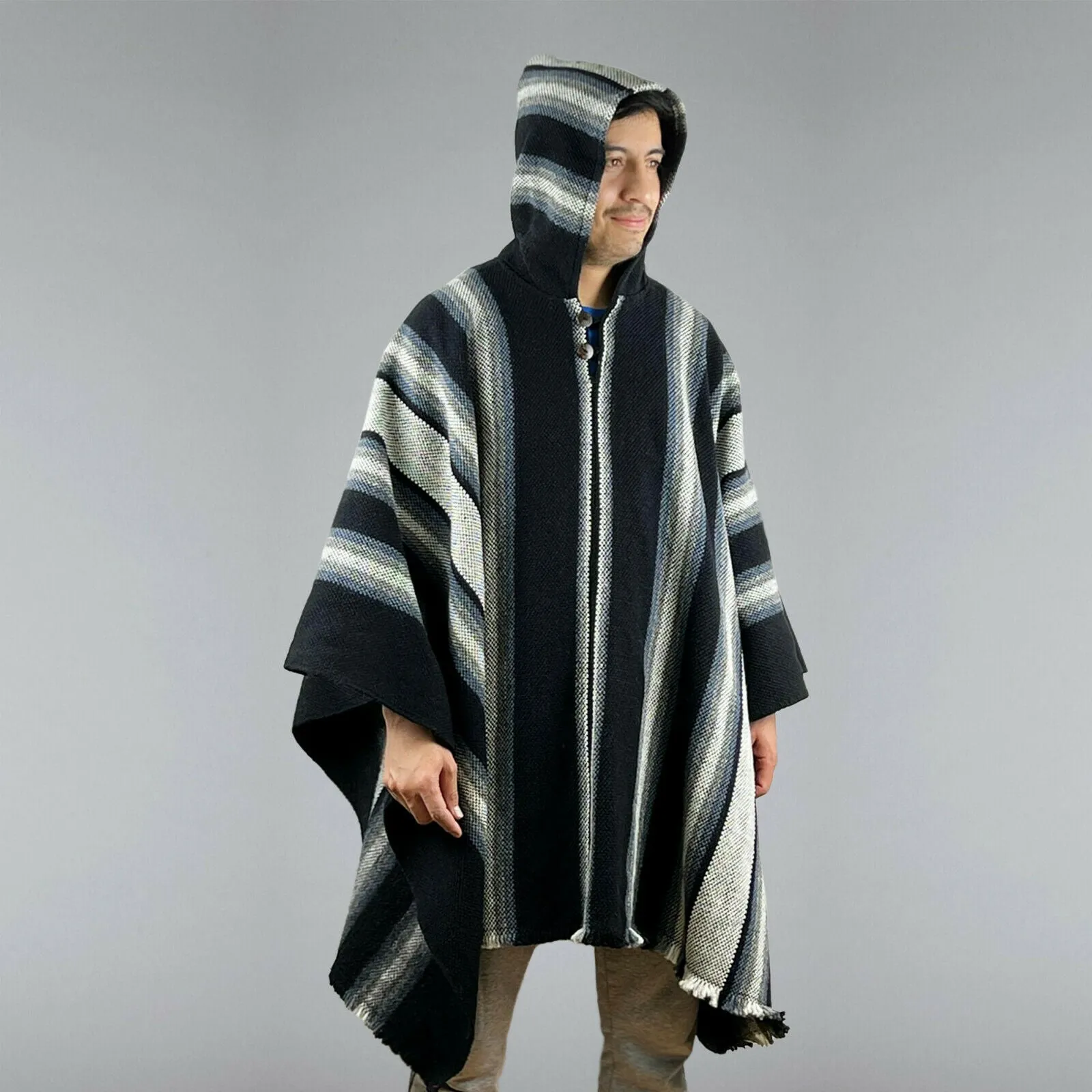 Miasi - Llama Wool Unisex South American Handwoven Thick Hooded Poncho - striped - black