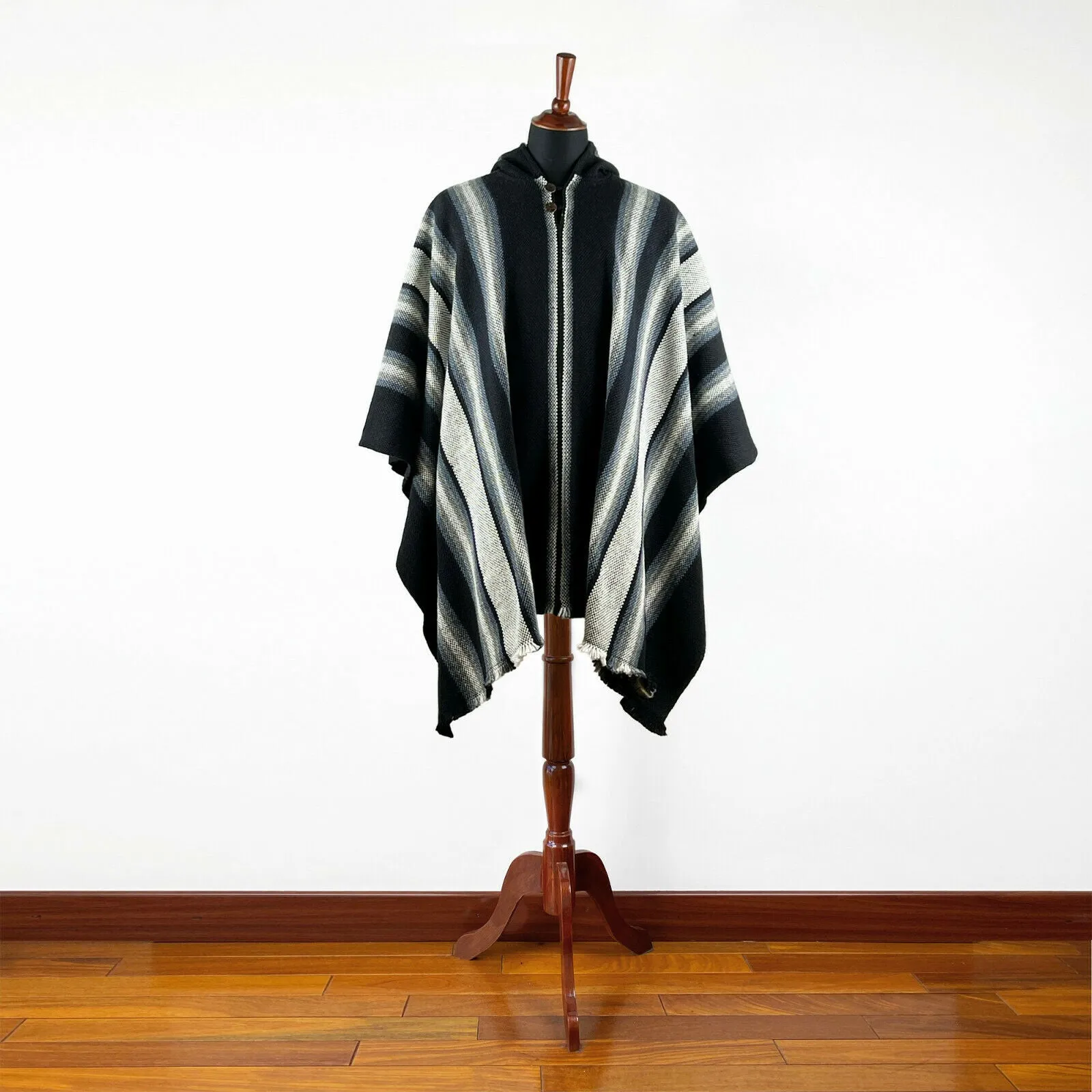 Miasi - Llama Wool Unisex South American Handwoven Thick Hooded Poncho - striped - black