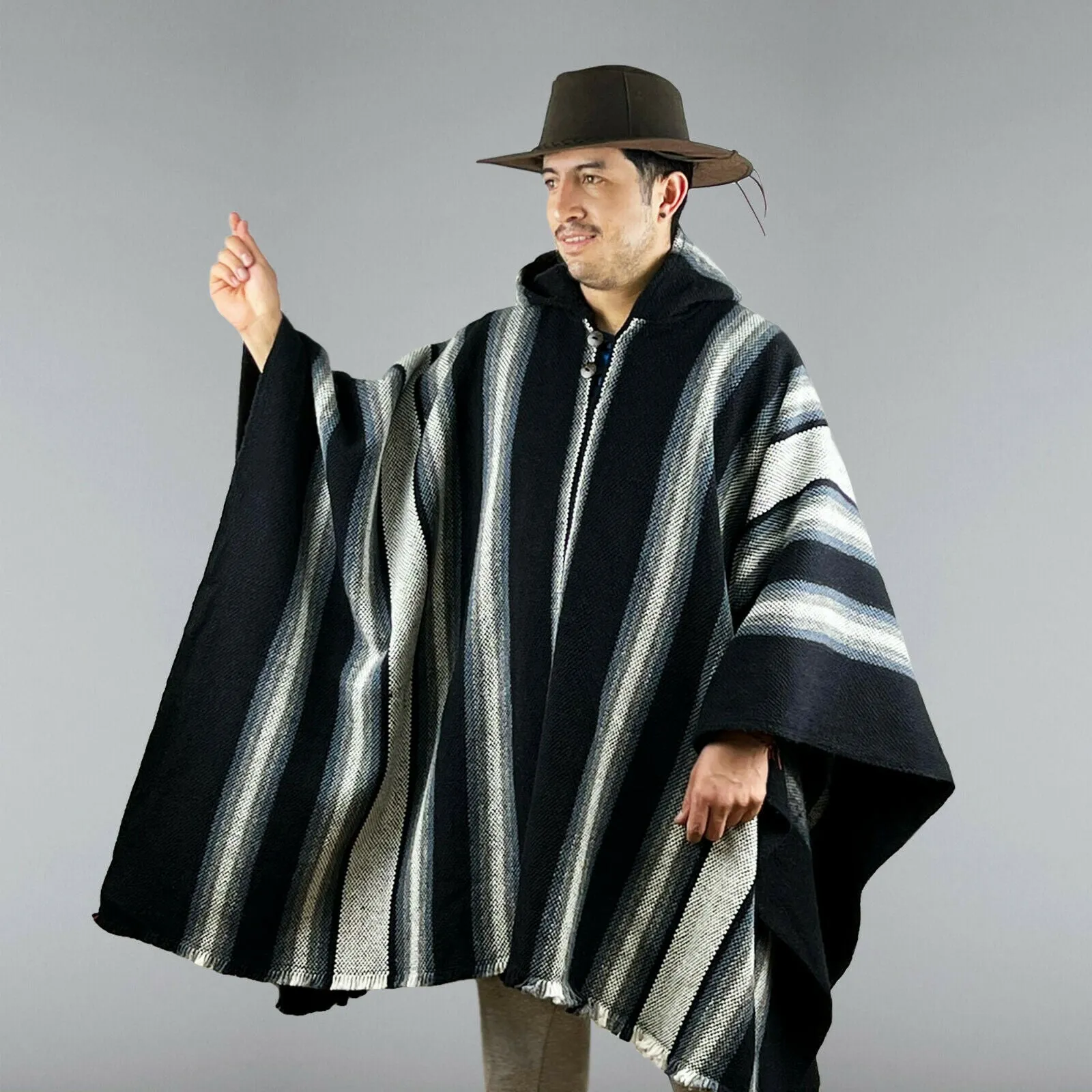 Miasi - Llama Wool Unisex South American Handwoven Thick Hooded Poncho - striped - black