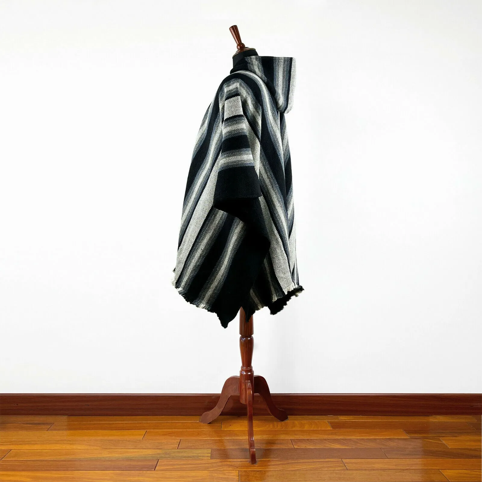 Miasi - Llama Wool Unisex South American Handwoven Thick Hooded Poncho - striped - black
