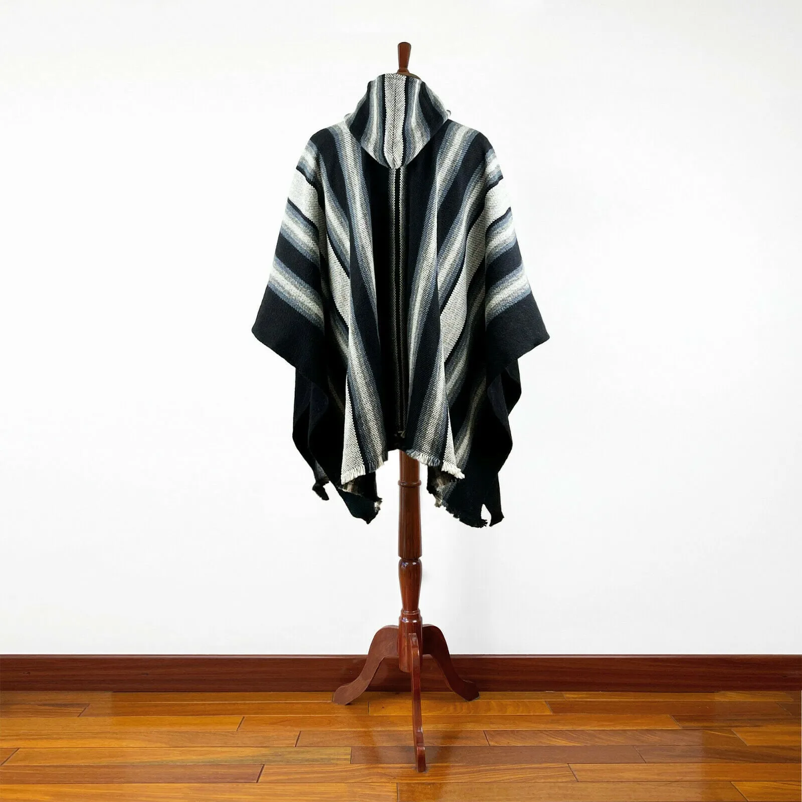 Miasi - Llama Wool Unisex South American Handwoven Thick Hooded Poncho - striped - black