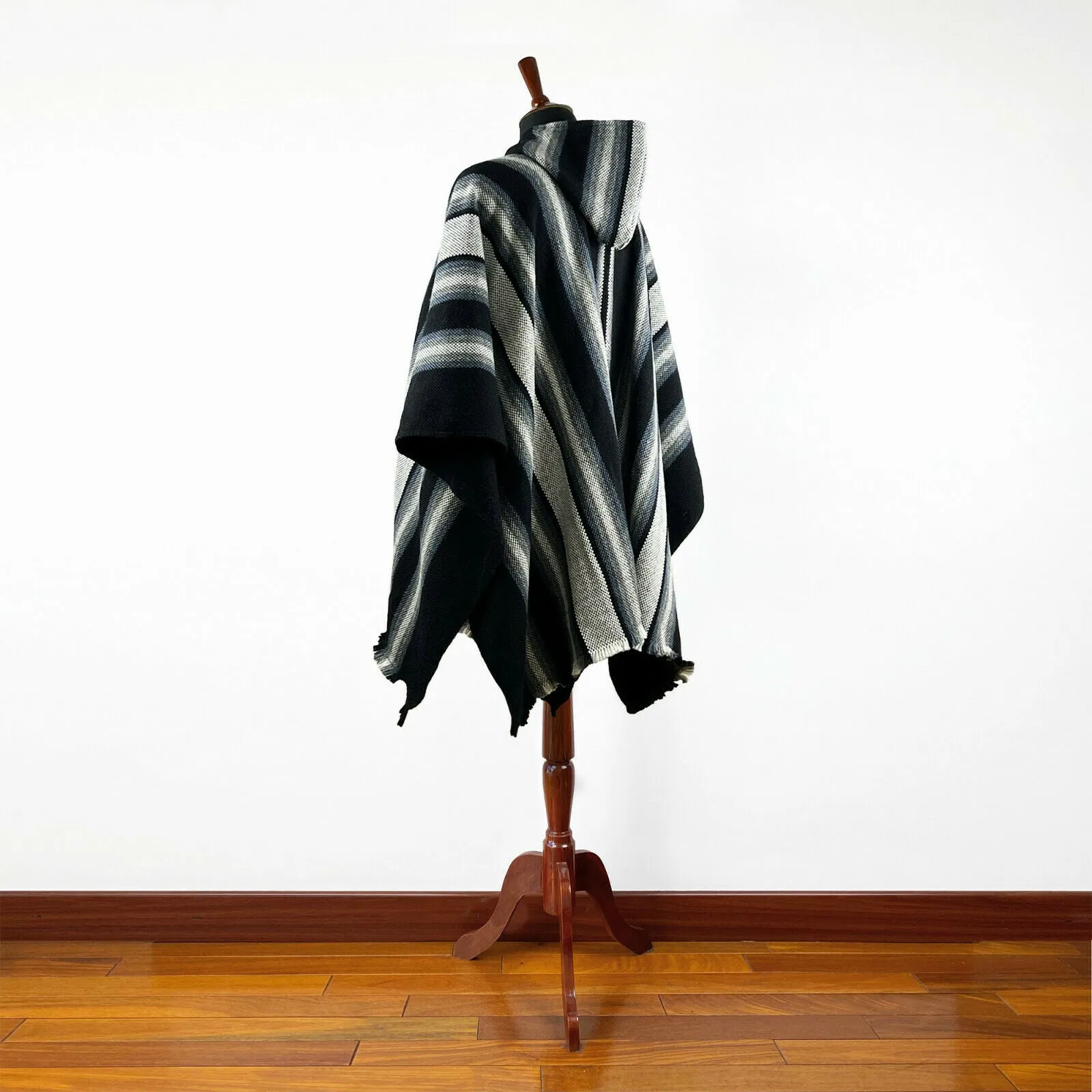 Miasi - Llama Wool Unisex South American Handwoven Thick Hooded Poncho - striped - black