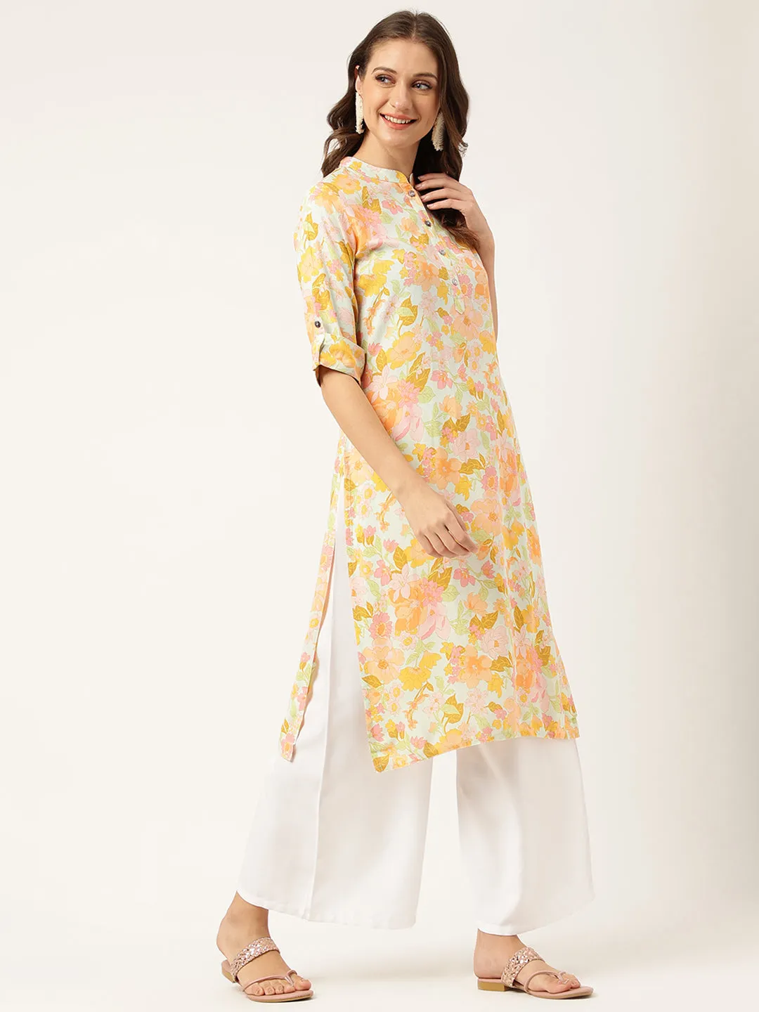 Multi Colored Floral Digital Printed Straight Fold Sleeve Kurta