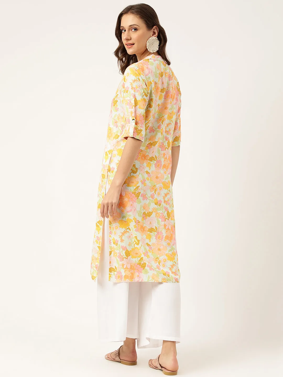 Multi Colored Floral Digital Printed Straight Fold Sleeve Kurta