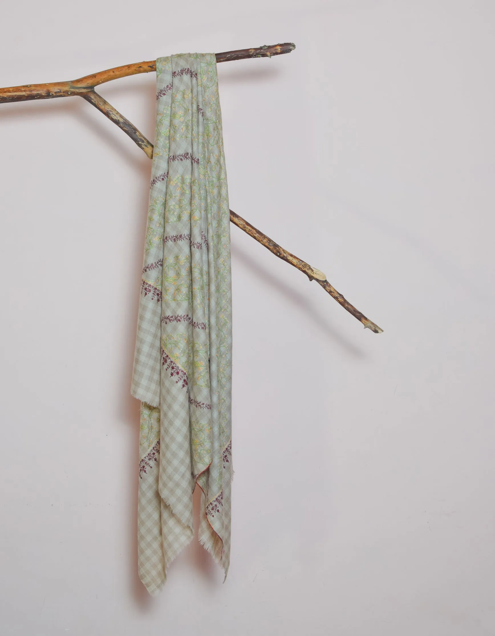 Natural Check Handwoven Embroidered Cashmere Pashmina Shawl