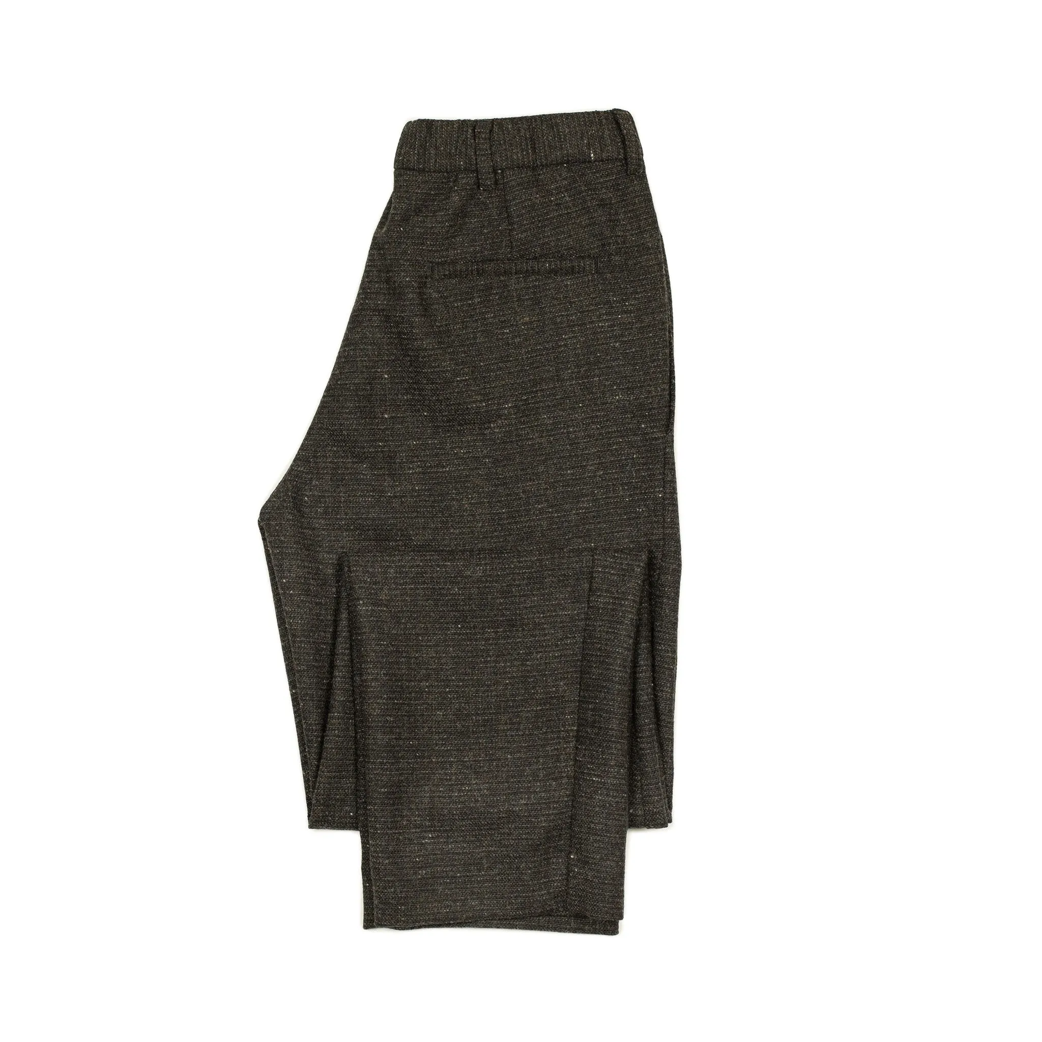 "Combing" easy pants in charcoal, brown and black "Donegal" grid wool