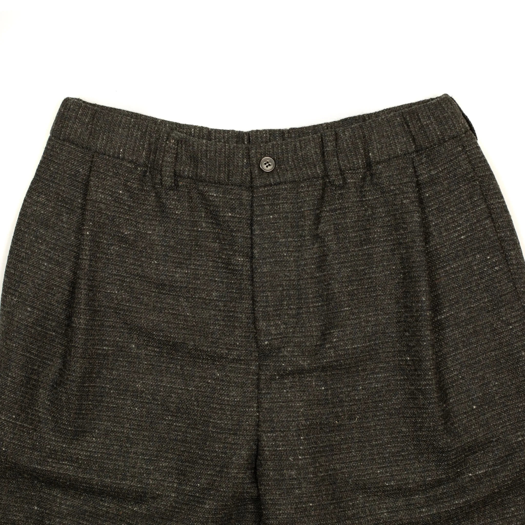 "Combing" easy pants in charcoal, brown and black "Donegal" grid wool