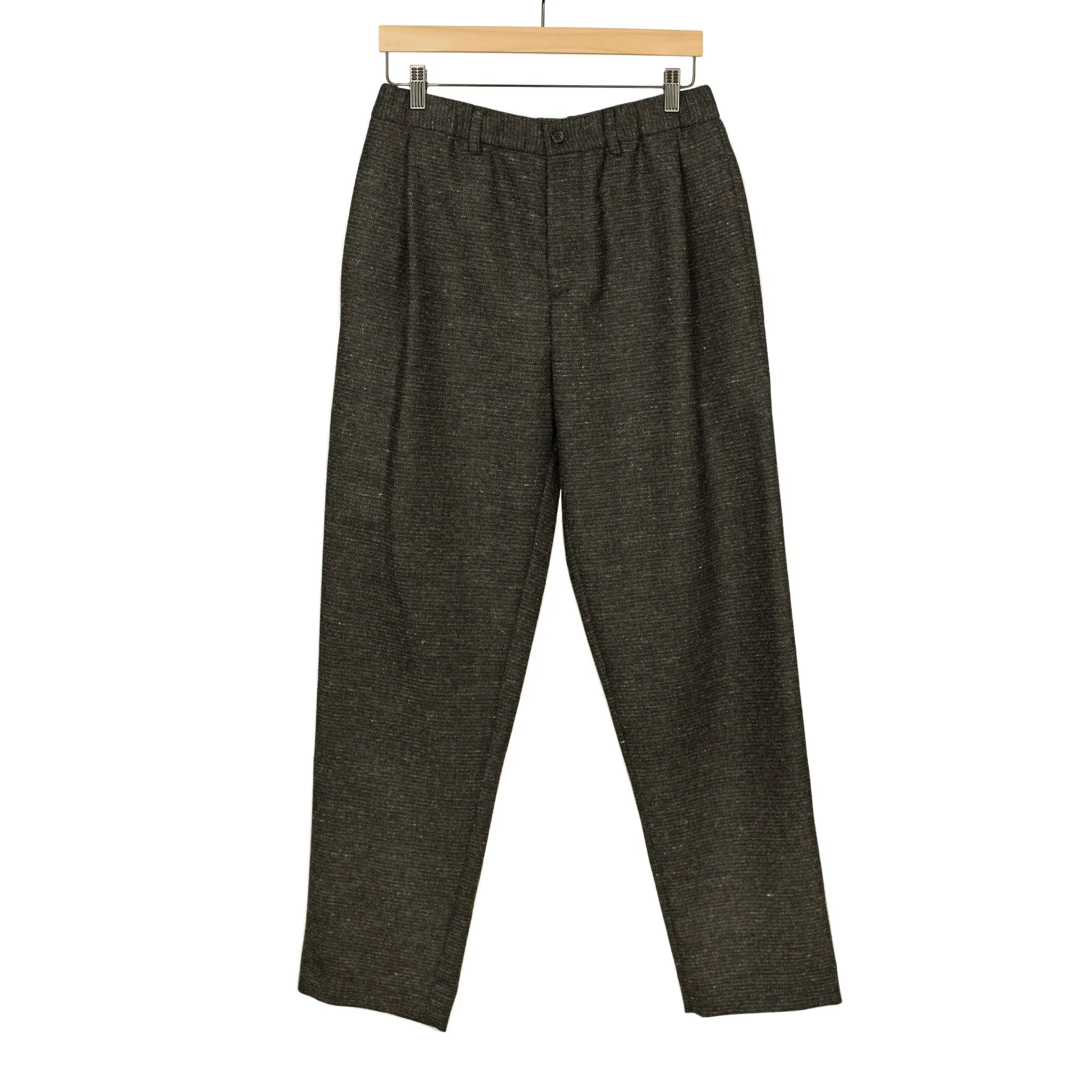 "Combing" easy pants in charcoal, brown and black "Donegal" grid wool