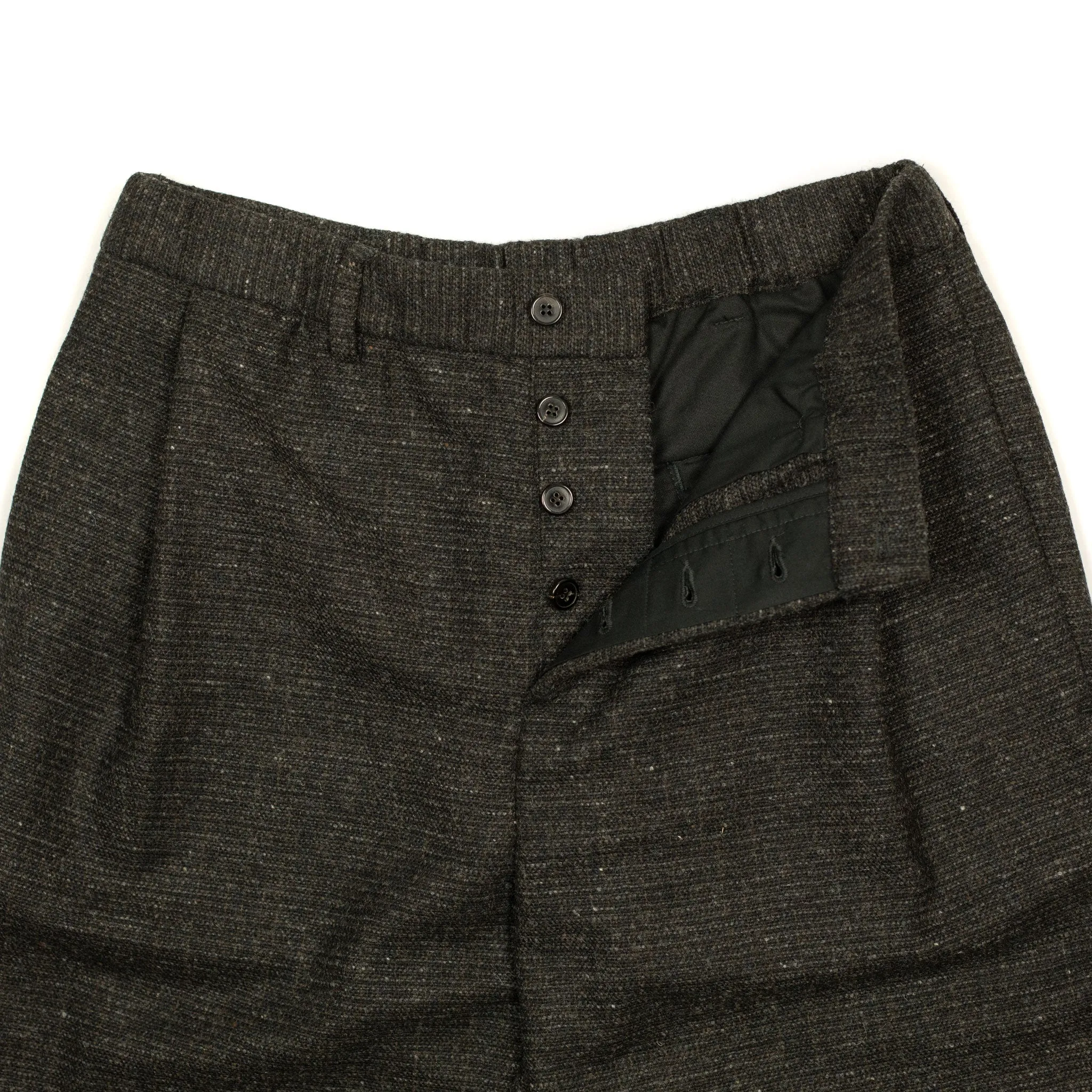 "Combing" easy pants in charcoal, brown and black "Donegal" grid wool