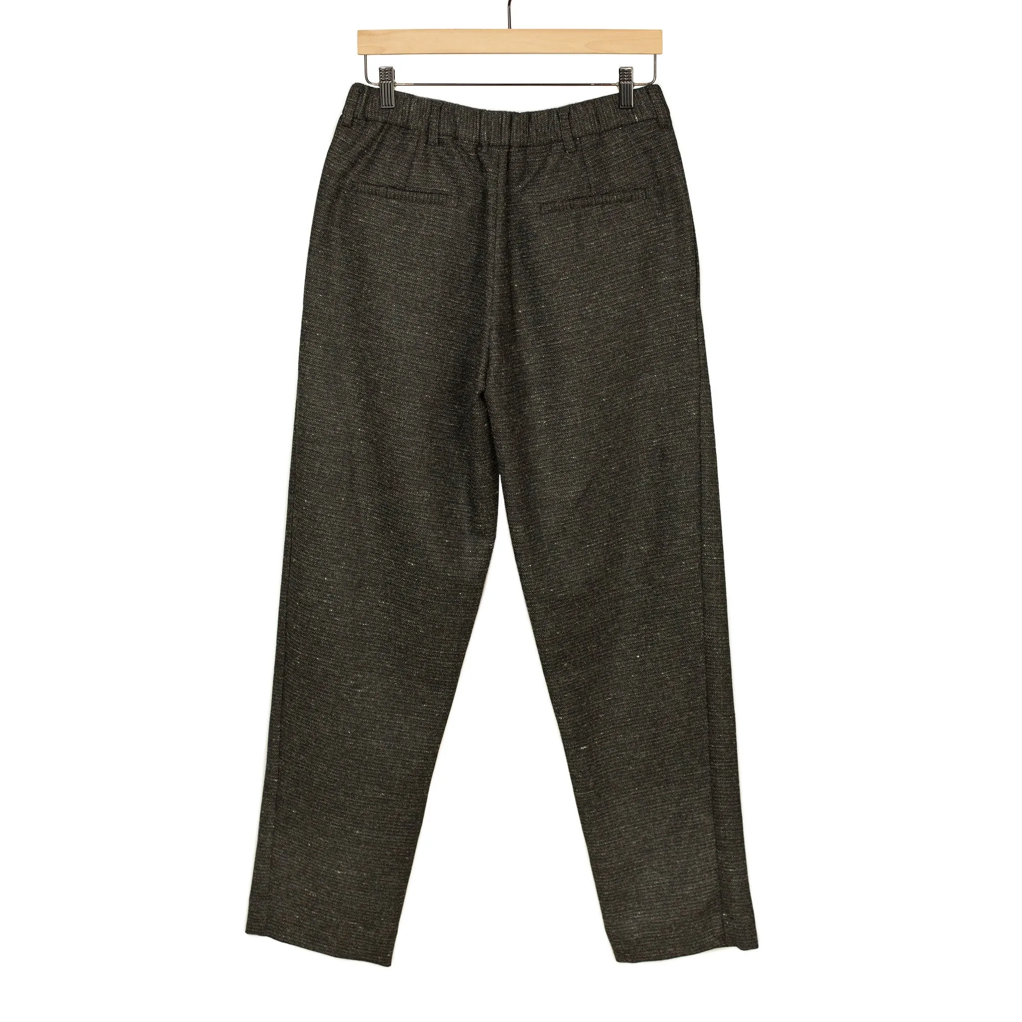 "Combing" easy pants in charcoal, brown and black "Donegal" grid wool