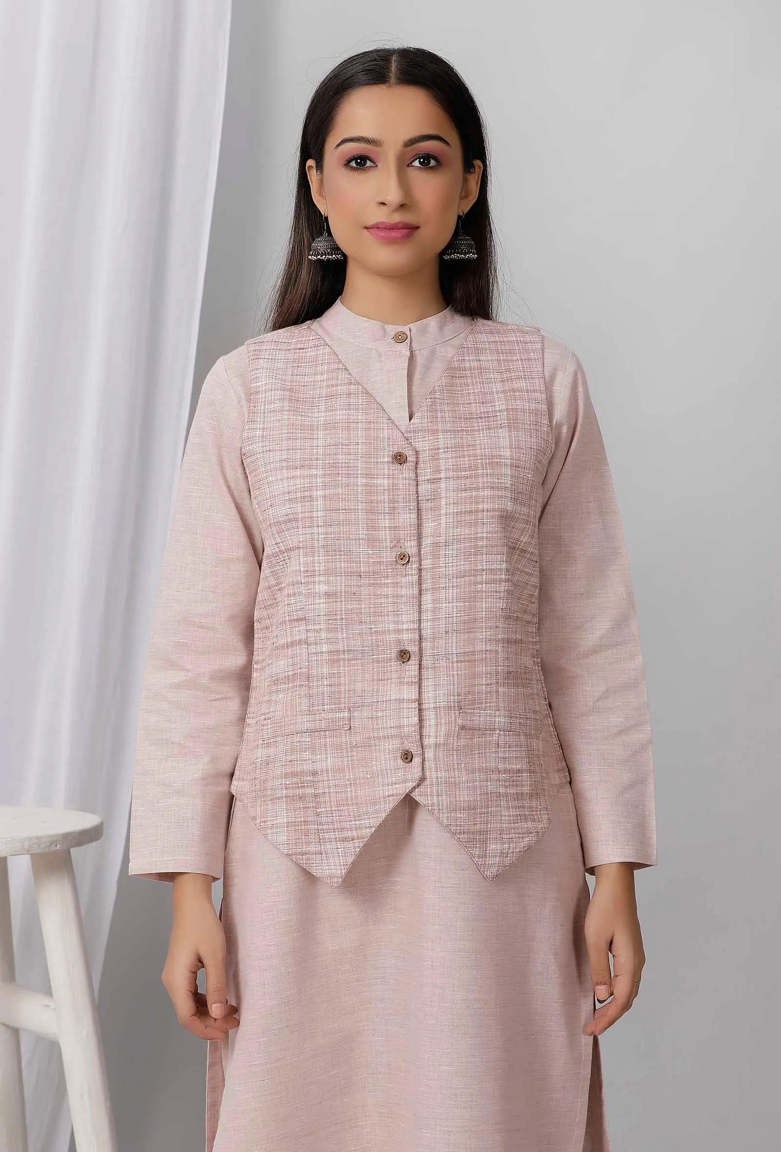 Set of 3: Brown Cotton Khadi Blazer with Kurta and Pants