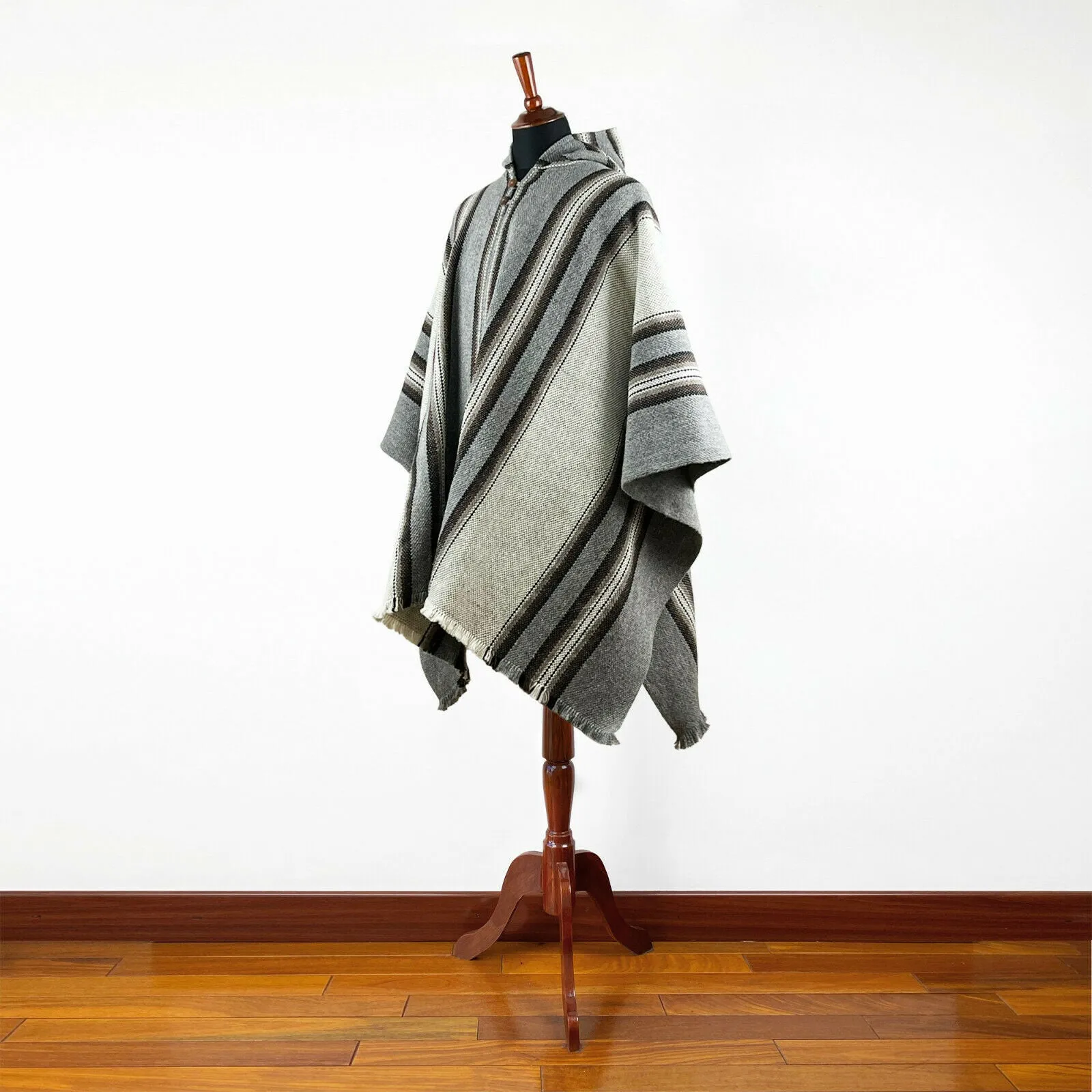 Shaime - Llama Wool Unisex South American Handwoven Thick Hooded Poncho - striped - grey
