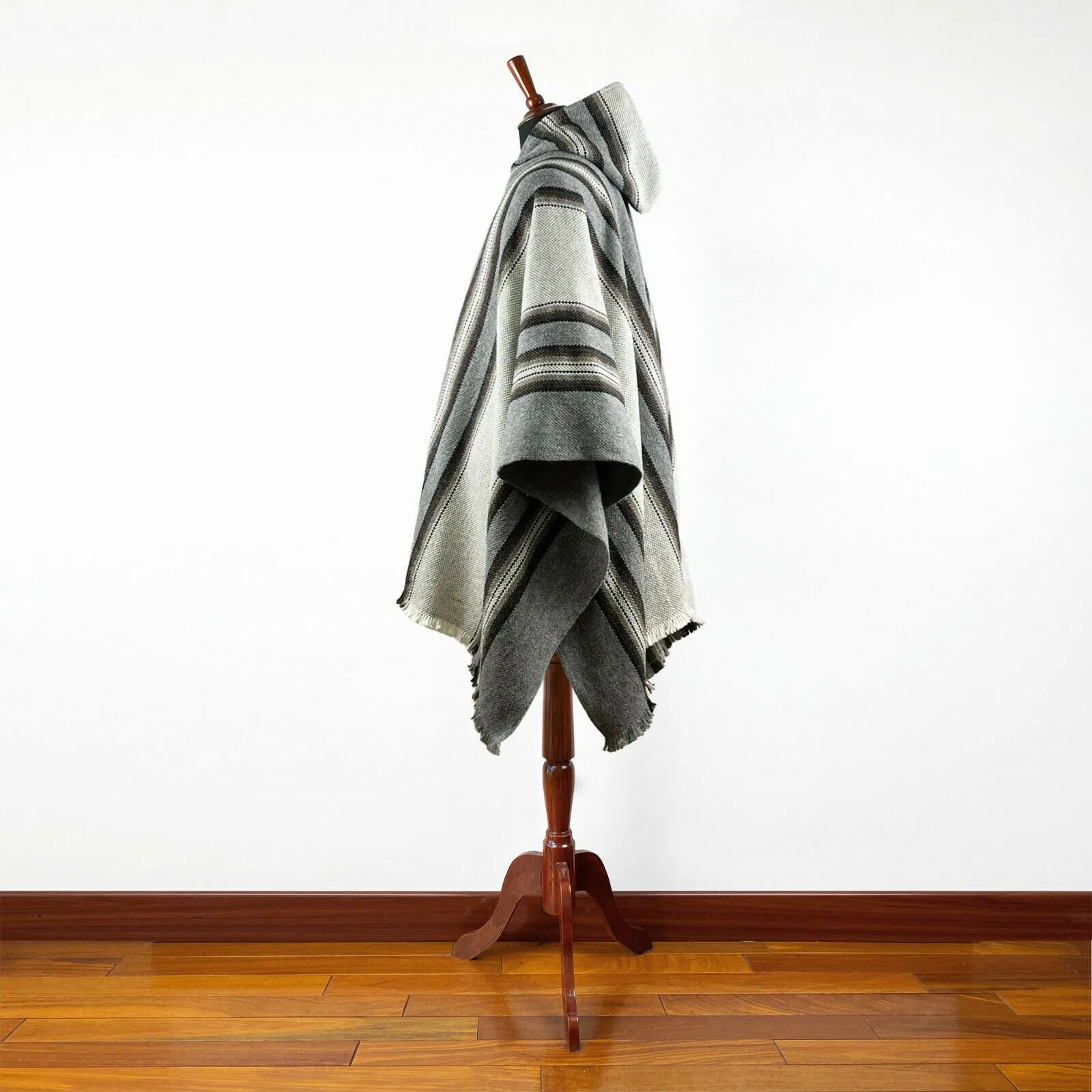 Shaime - Llama Wool Unisex South American Handwoven Thick Hooded Poncho - striped - grey