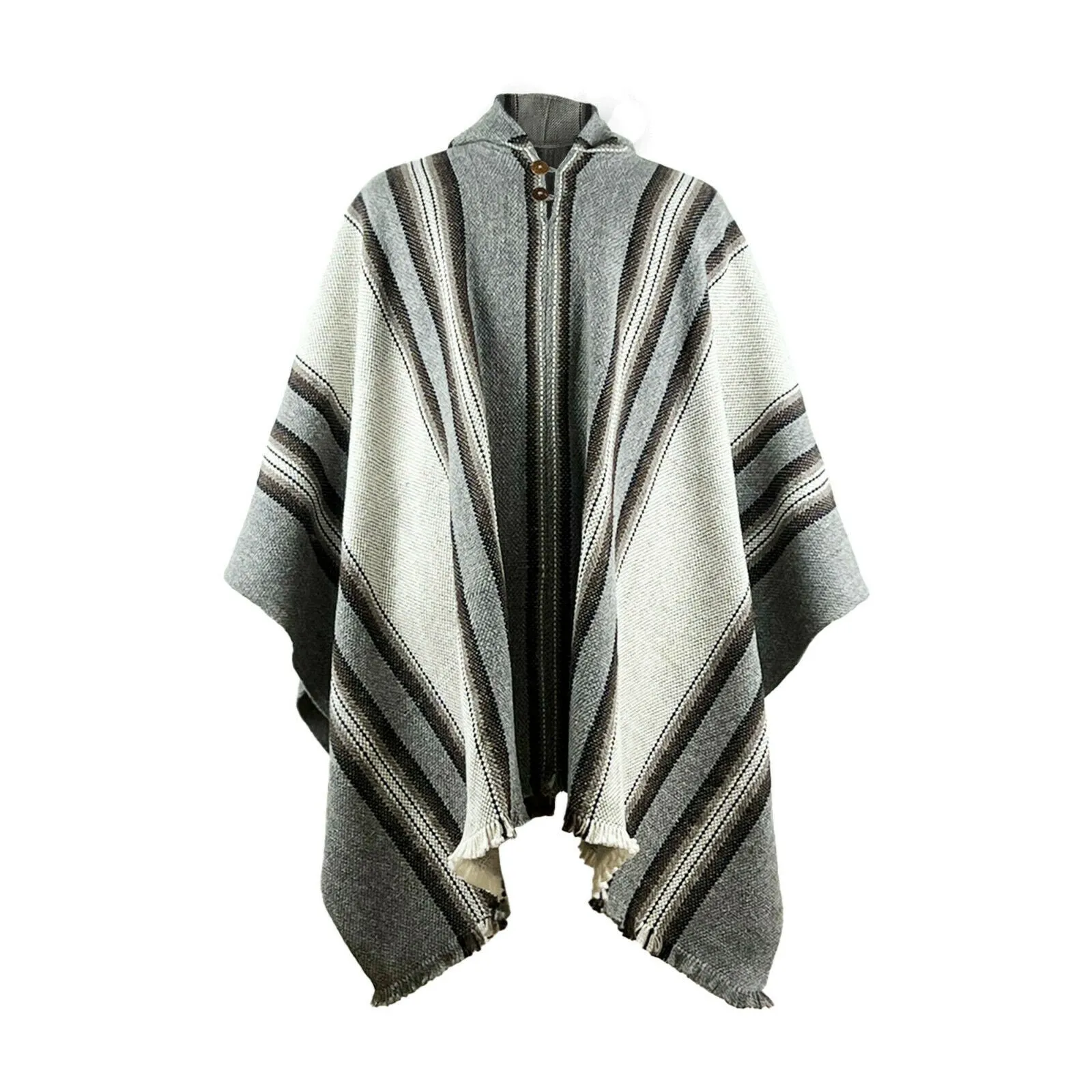 Shaime - Llama Wool Unisex South American Handwoven Thick Hooded Poncho - striped - grey