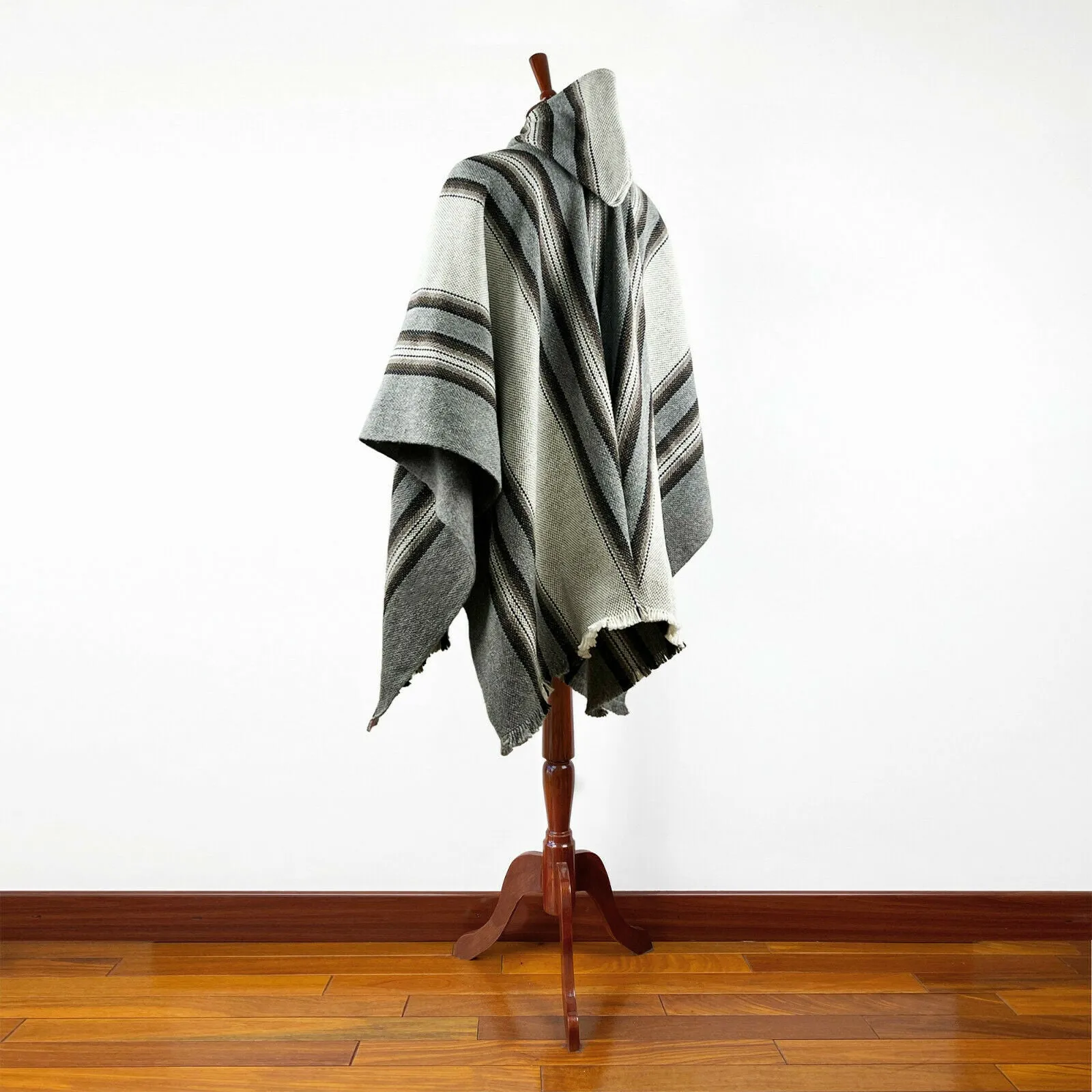 Shaime - Llama Wool Unisex South American Handwoven Thick Hooded Poncho - striped - grey