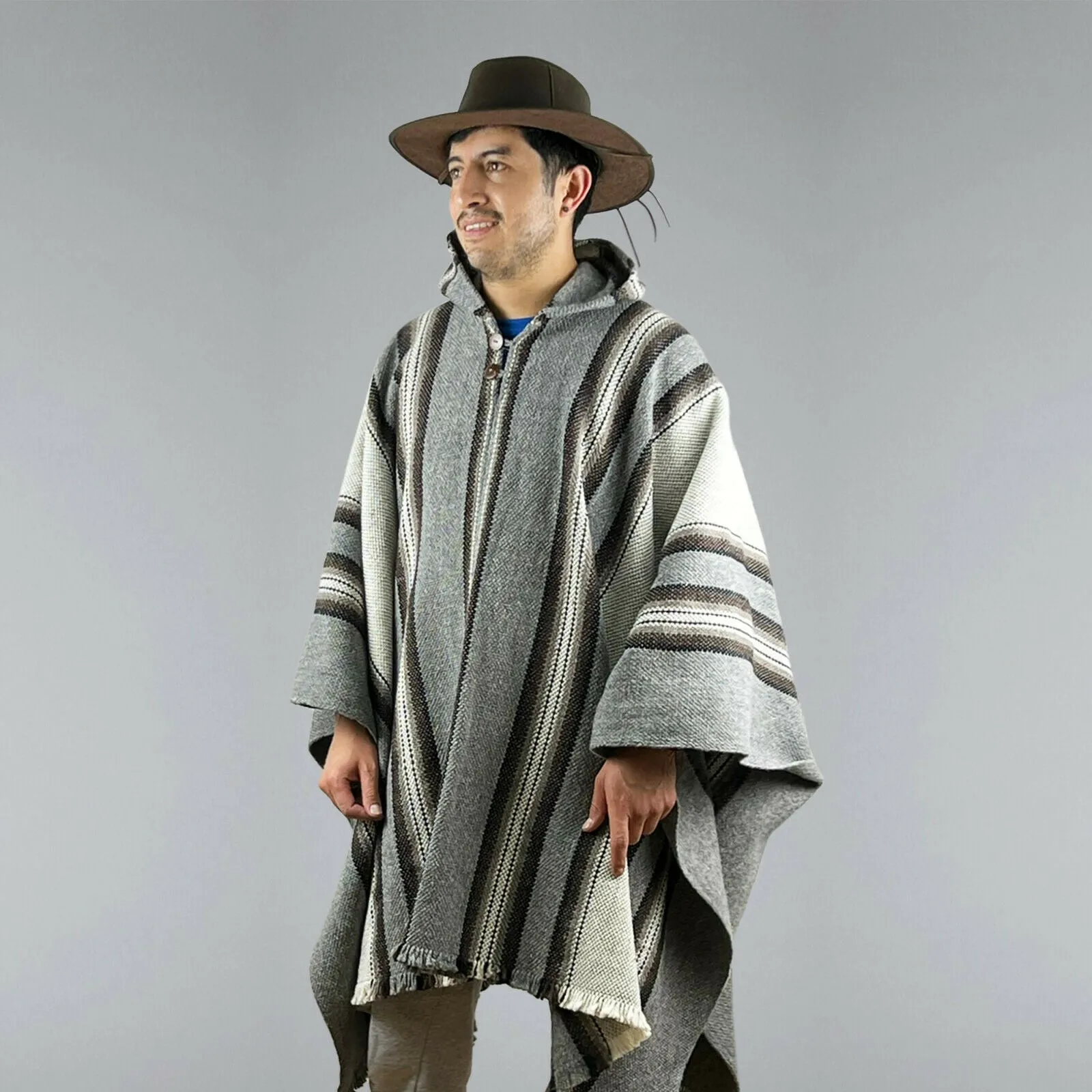 Shaime - Llama Wool Unisex South American Handwoven Thick Hooded Poncho - striped - grey