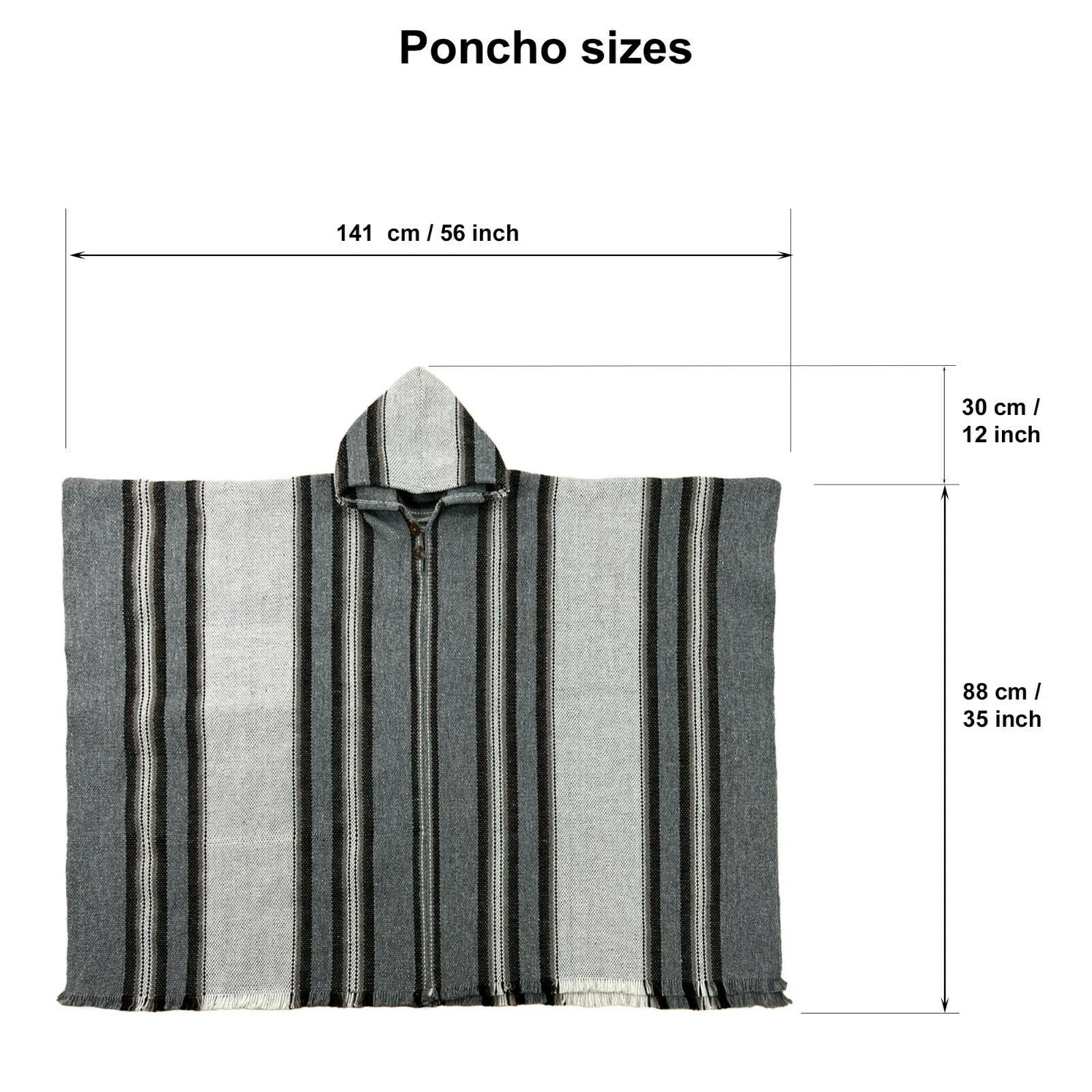 Shaime - Llama Wool Unisex South American Handwoven Thick Hooded Poncho - striped - grey