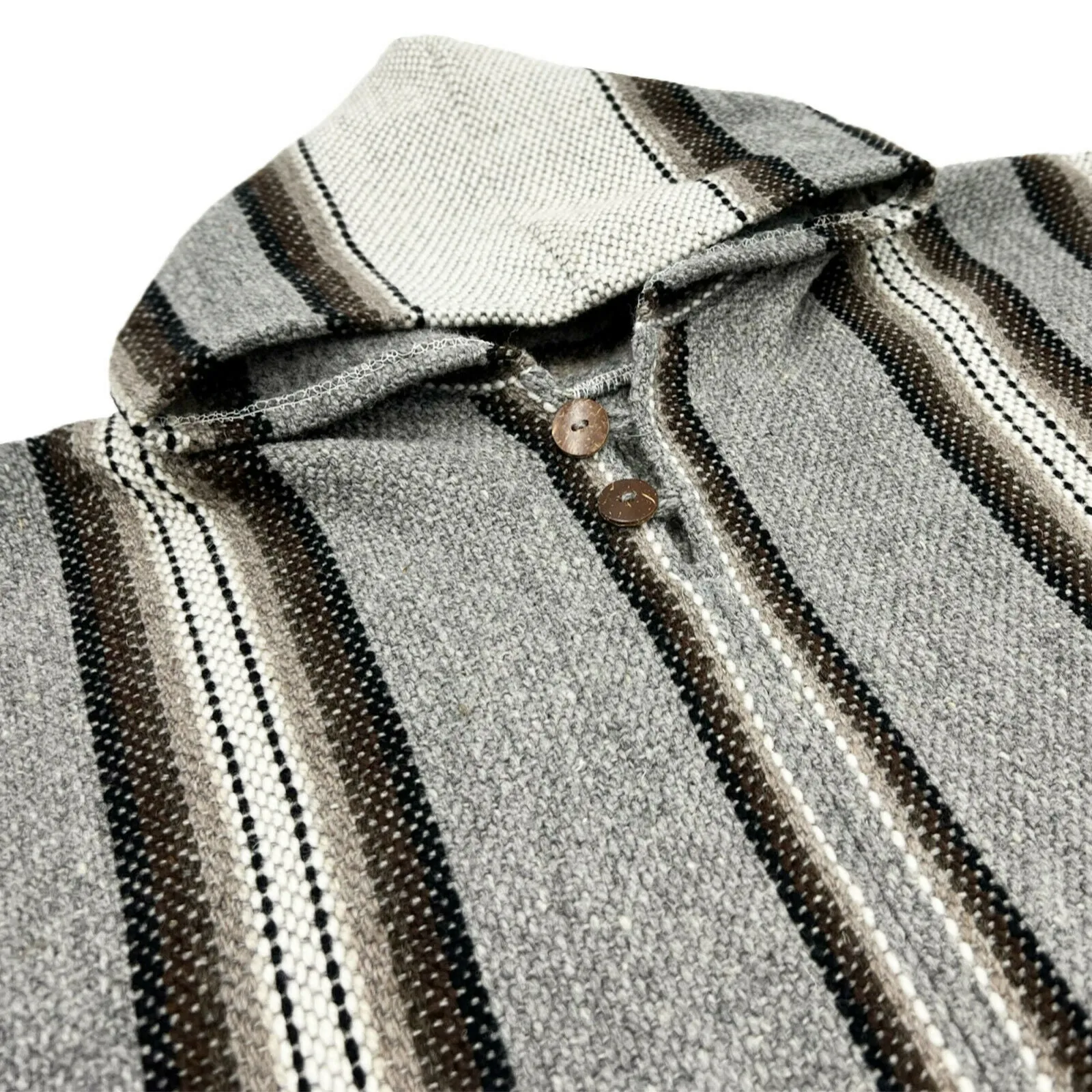 Shaime - Llama Wool Unisex South American Handwoven Thick Hooded Poncho - striped - grey
