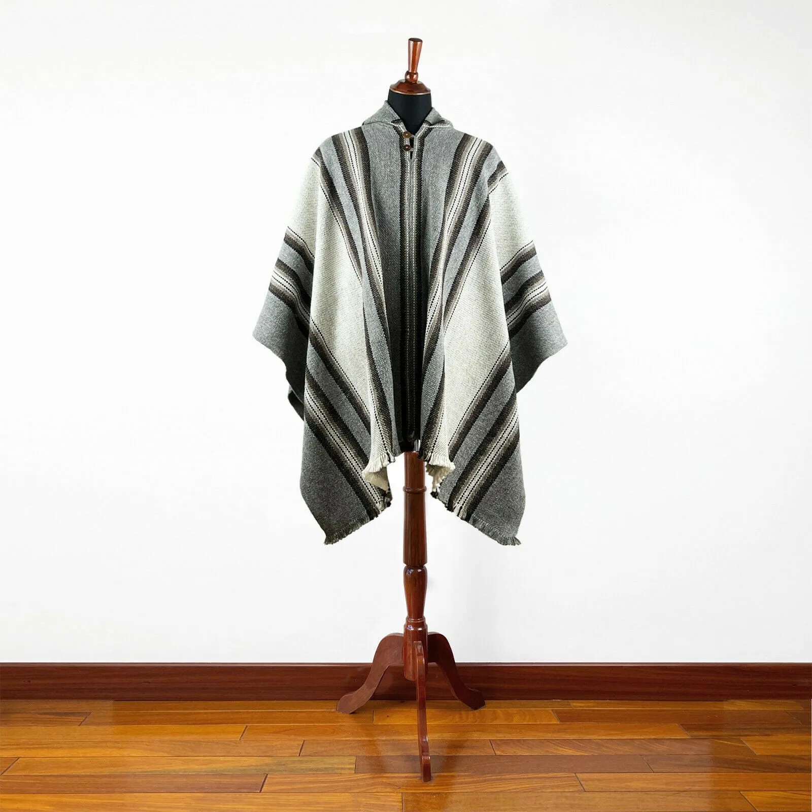Shaime - Llama Wool Unisex South American Handwoven Thick Hooded Poncho - striped - grey