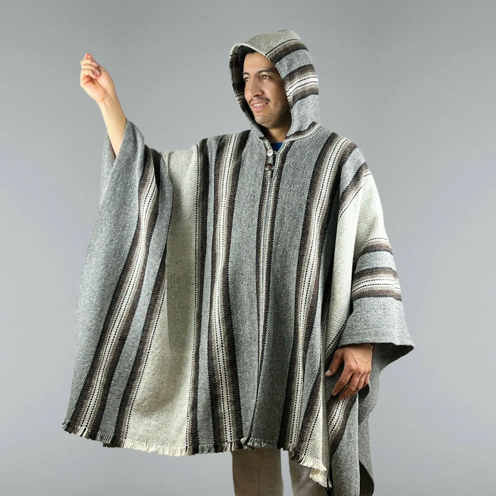 Shaime - Llama Wool Unisex South American Handwoven Thick Hooded Poncho - striped - grey