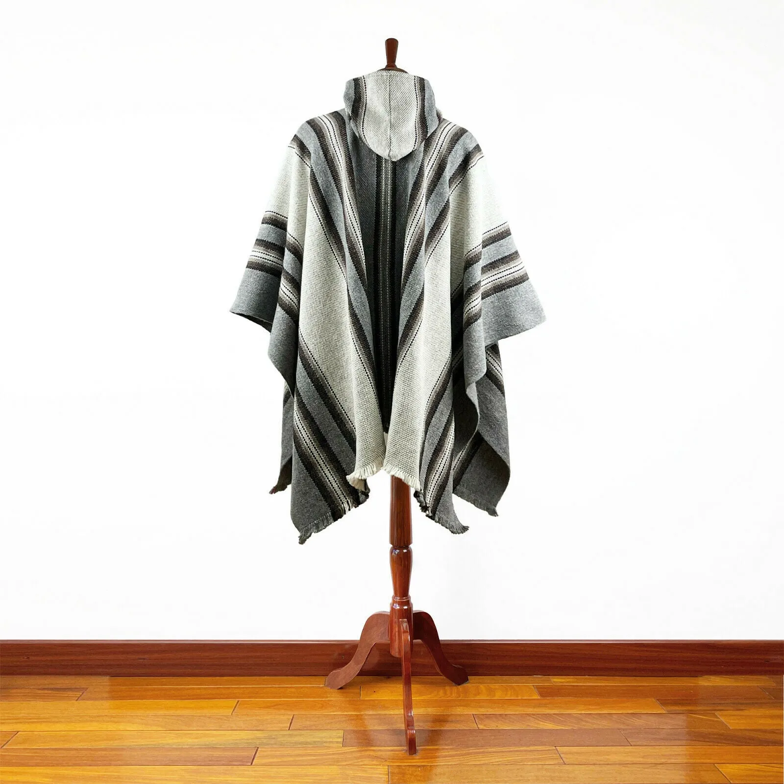 Shaime - Llama Wool Unisex South American Handwoven Thick Hooded Poncho - striped - grey