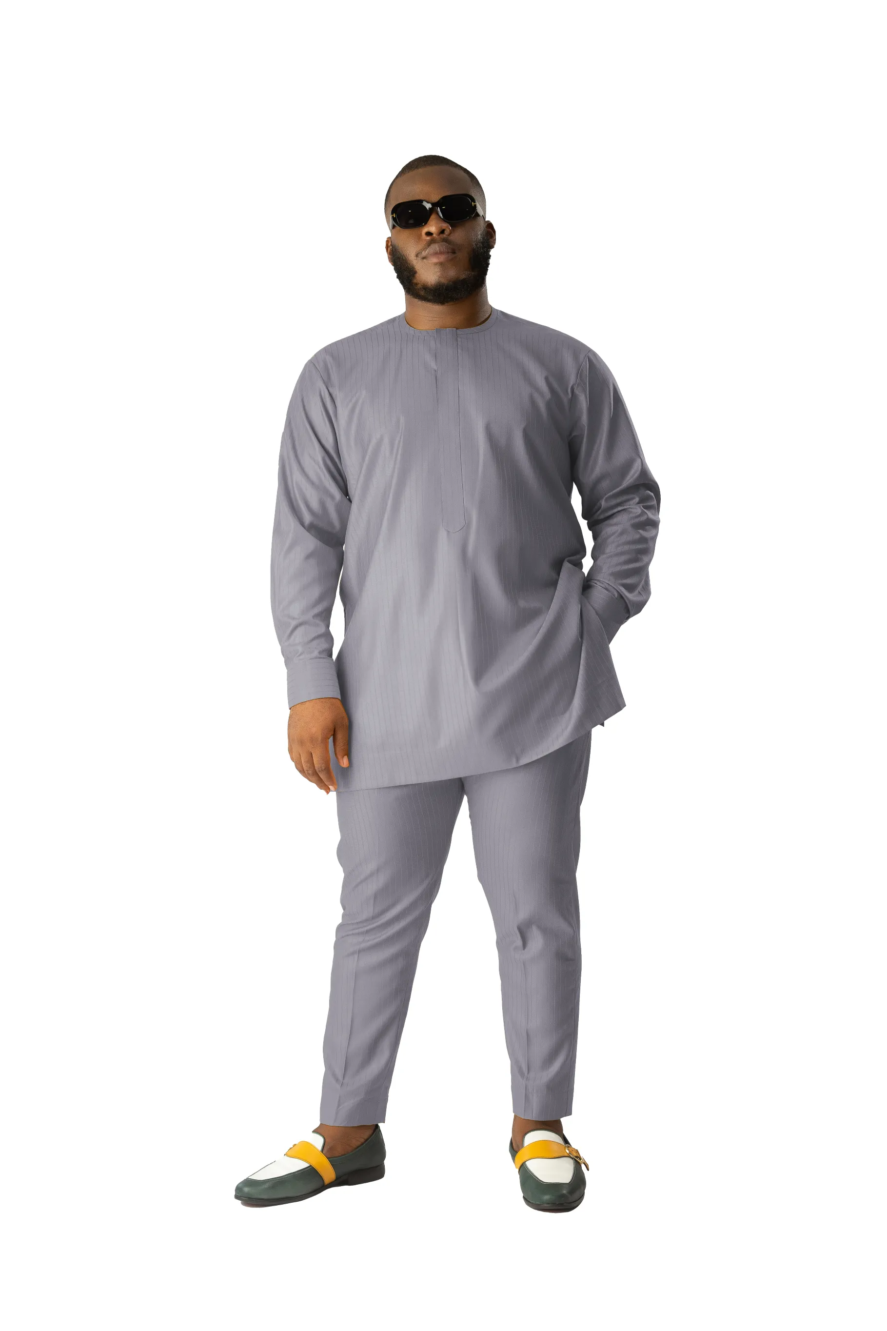 Standard Length Long Sleeve Wool Matching Set in Double Grey Pinstripe
