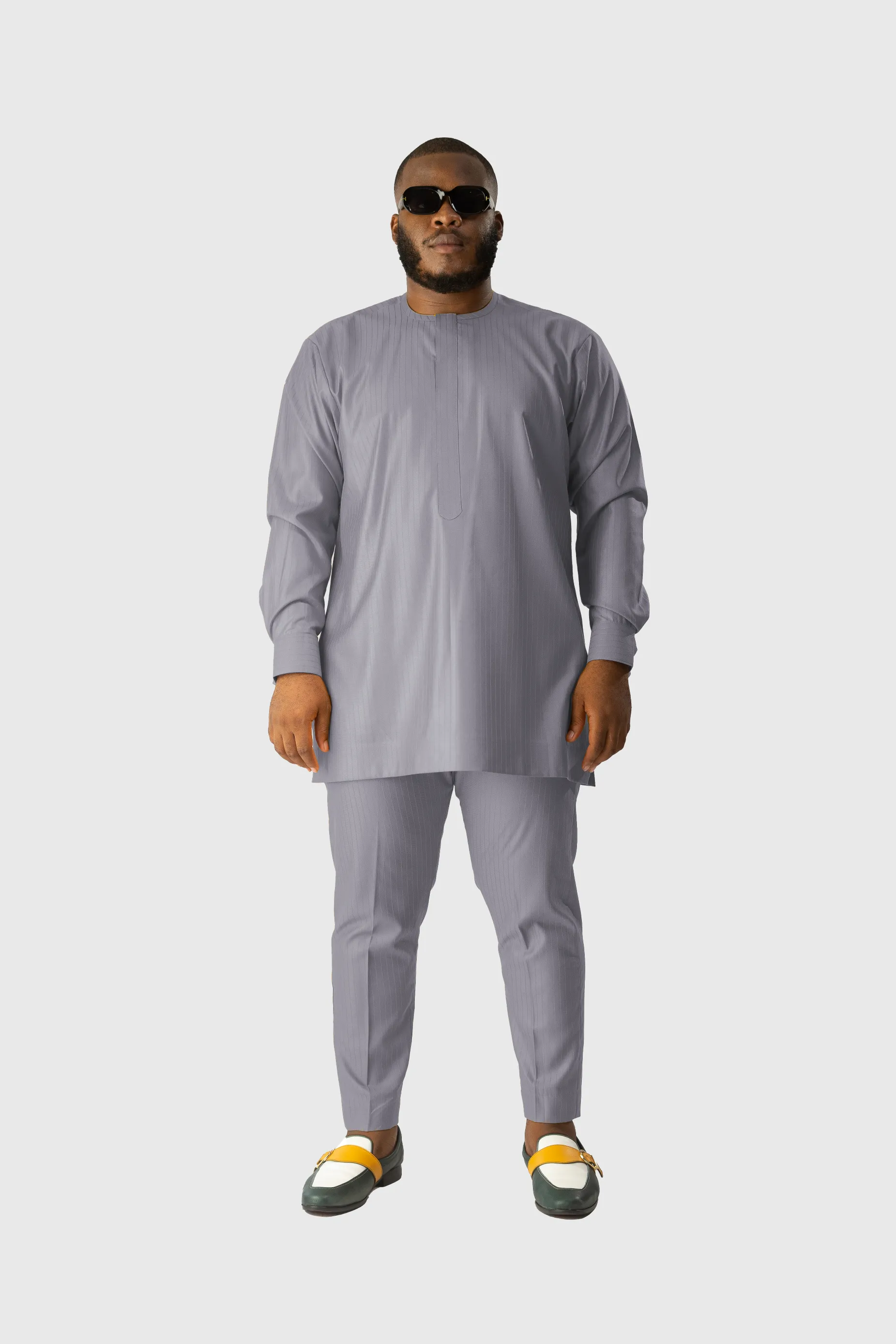 Standard Length Long Sleeve Wool Matching Set in Double Grey Pinstripe