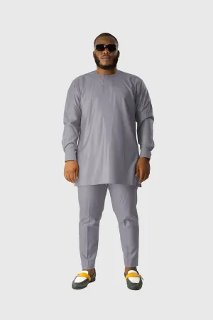Standard Length Long Sleeve Wool Matching Set in Double Grey Pinstripe
