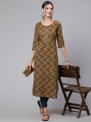 Women Brown Printed Straight Kurta With Three Quarter Sleeves