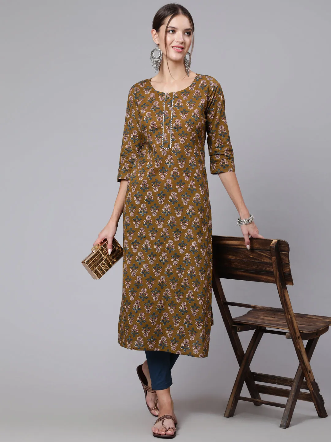 Women Brown Printed Straight Kurta With Three Quarter Sleeves