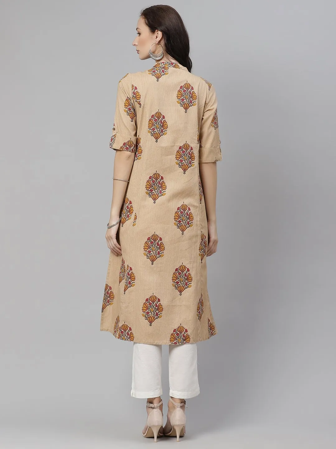 Women'S Beige Color Cotton Printed A-Line Kurta