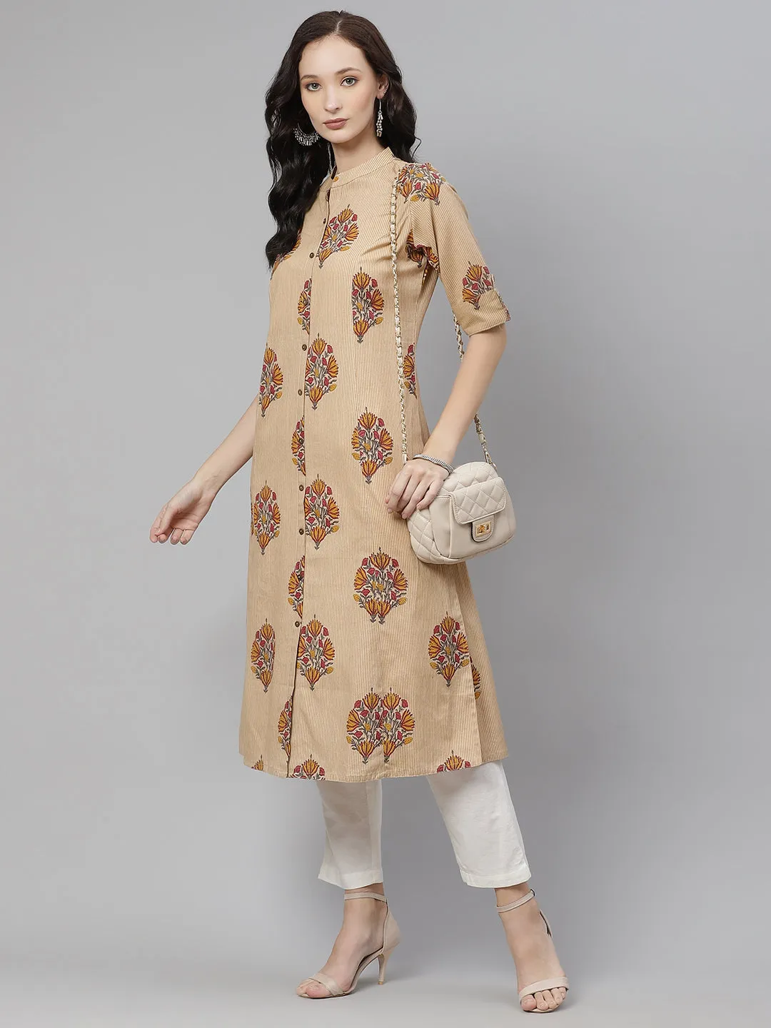 Women'S Beige Color Cotton Printed A-Line Kurta