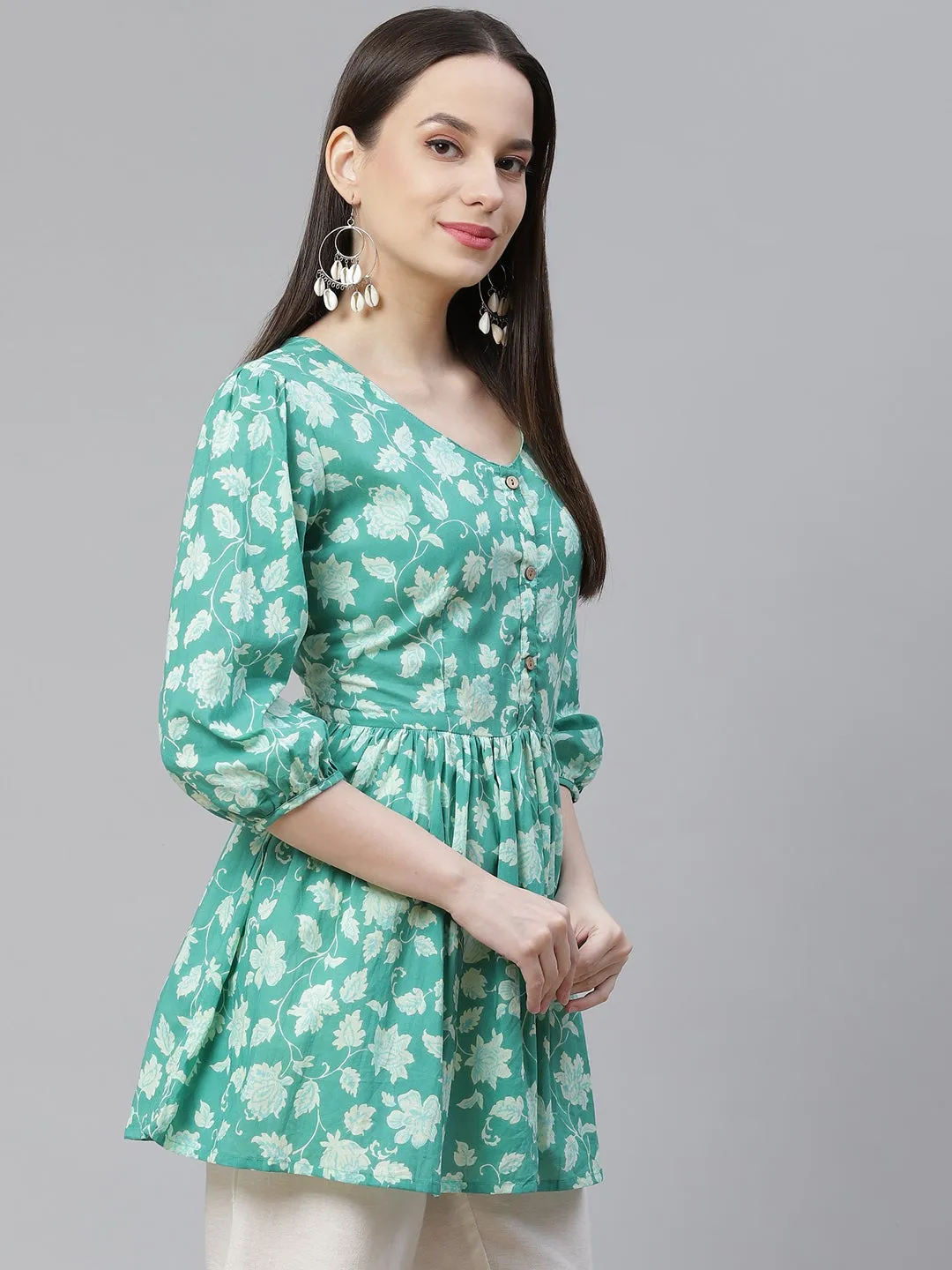 Women'S Sea Green Floral Printed Peplum Cotton Top