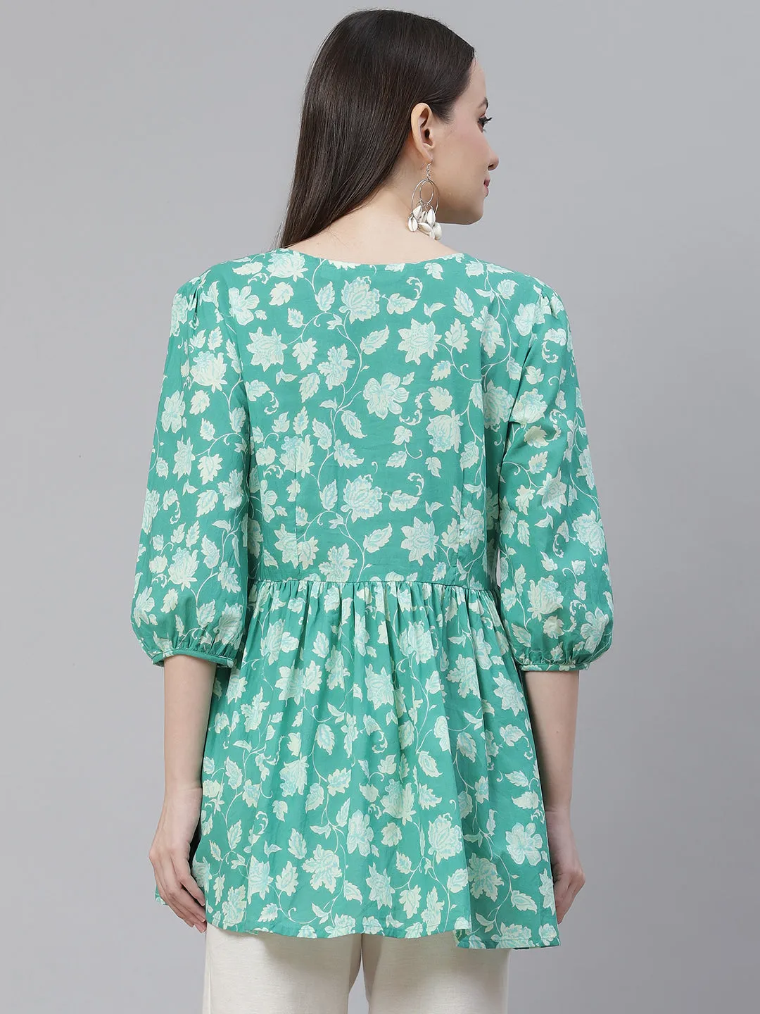 Women'S Sea Green Floral Printed Peplum Cotton Top