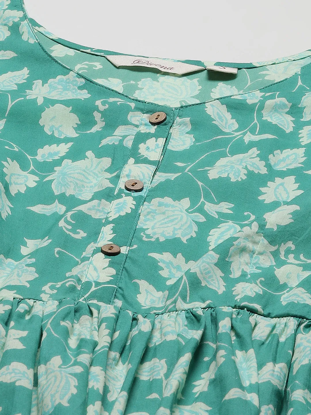 Women'S Sea Green Floral Printed Peplum Cotton Top