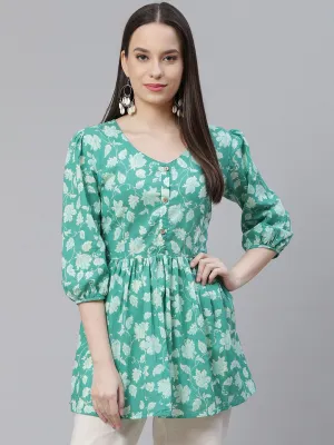 Women'S Sea Green Floral Printed Peplum Cotton Top