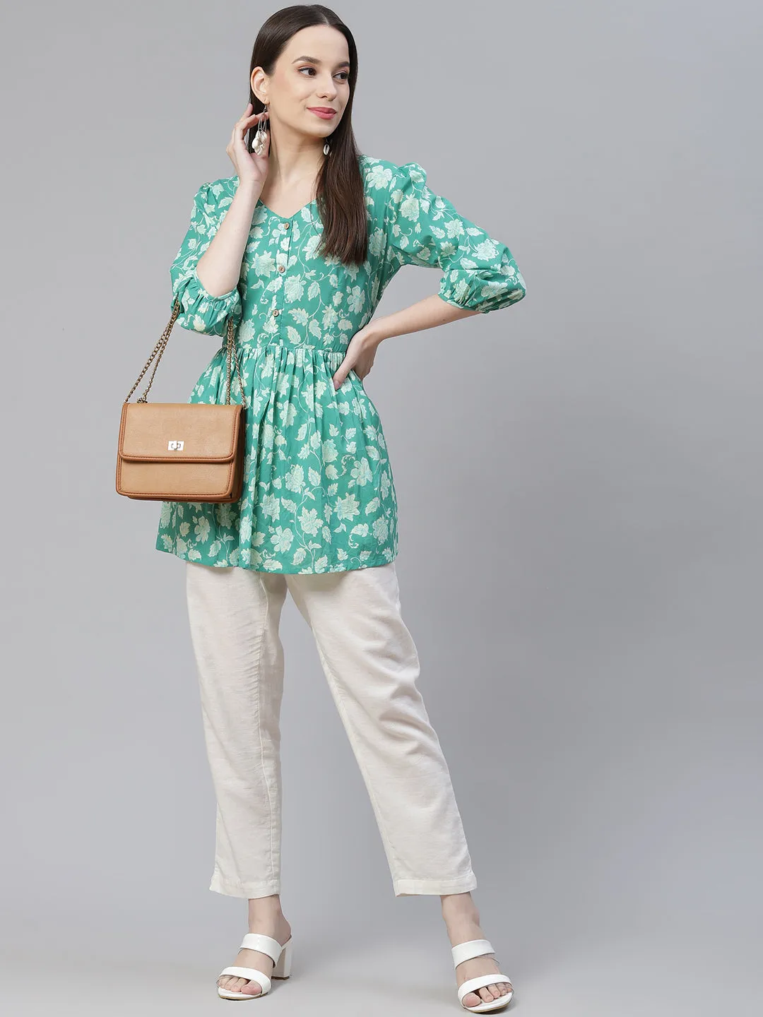 Women'S Sea Green Floral Printed Peplum Cotton Top