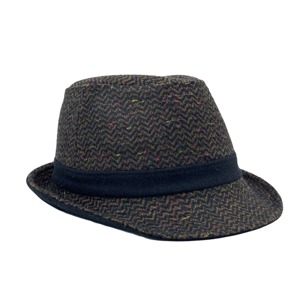 Wool Herringbone Check Fedora Hat Classy Manhattan Trilby For Men Women LD61571