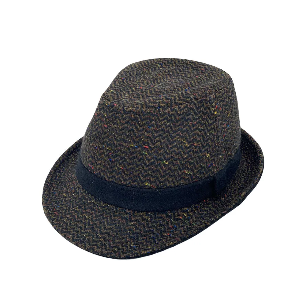 Wool Herringbone Check Fedora Hat Classy Manhattan Trilby For Men Women LD61571