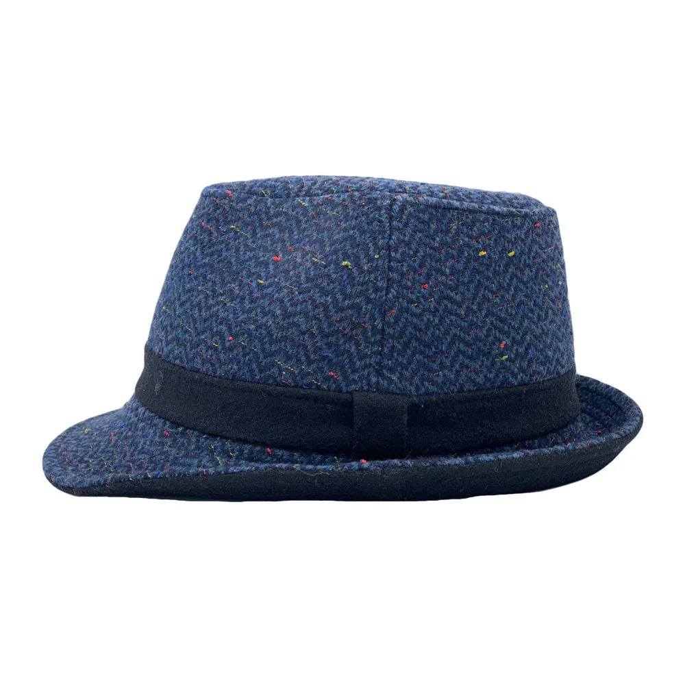 Wool Herringbone Check Fedora Hat Classy Manhattan Trilby For Men Women LD61571