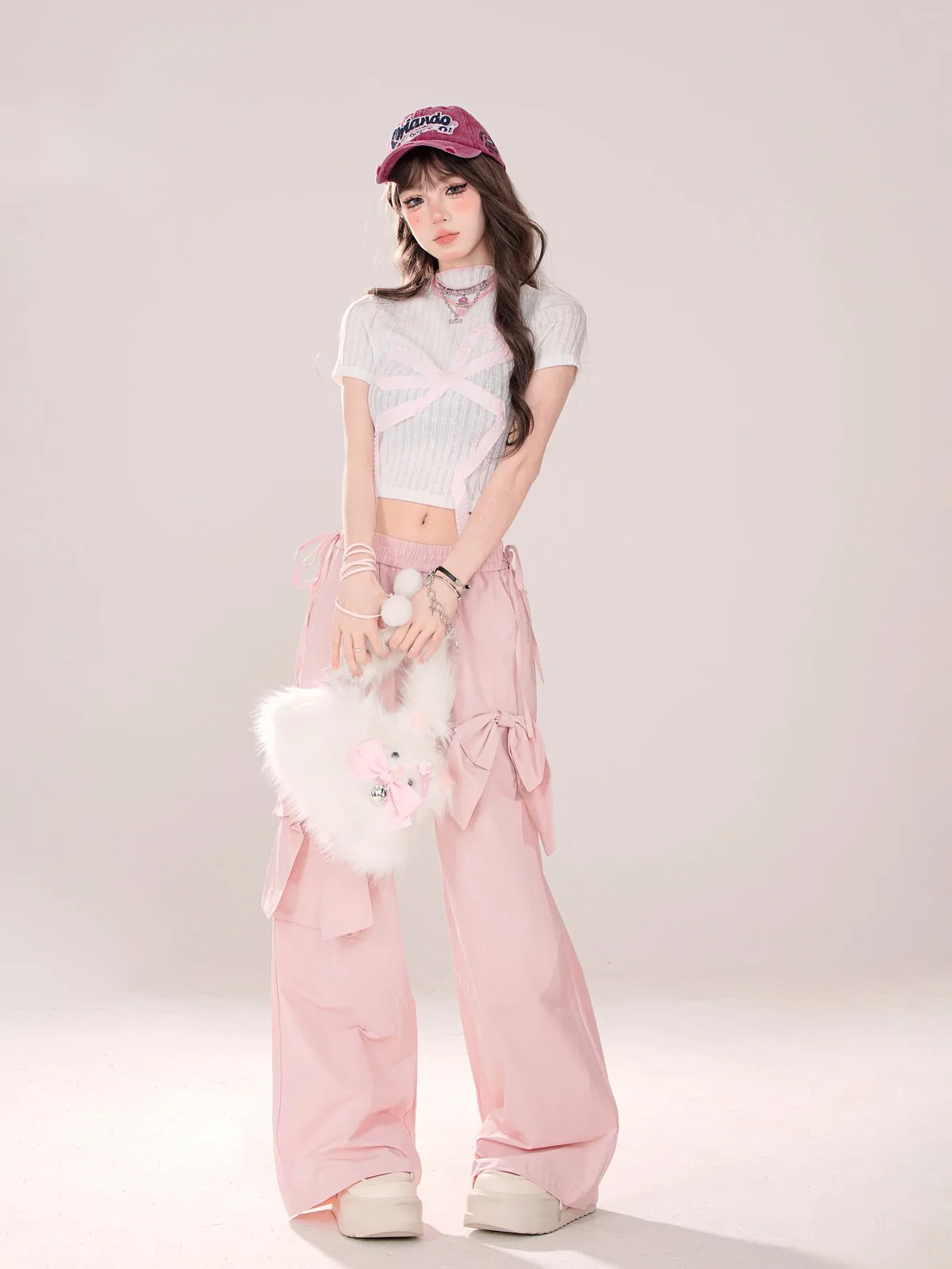 Young Eyes Sweet Girly Bow Pink Elastic Pants