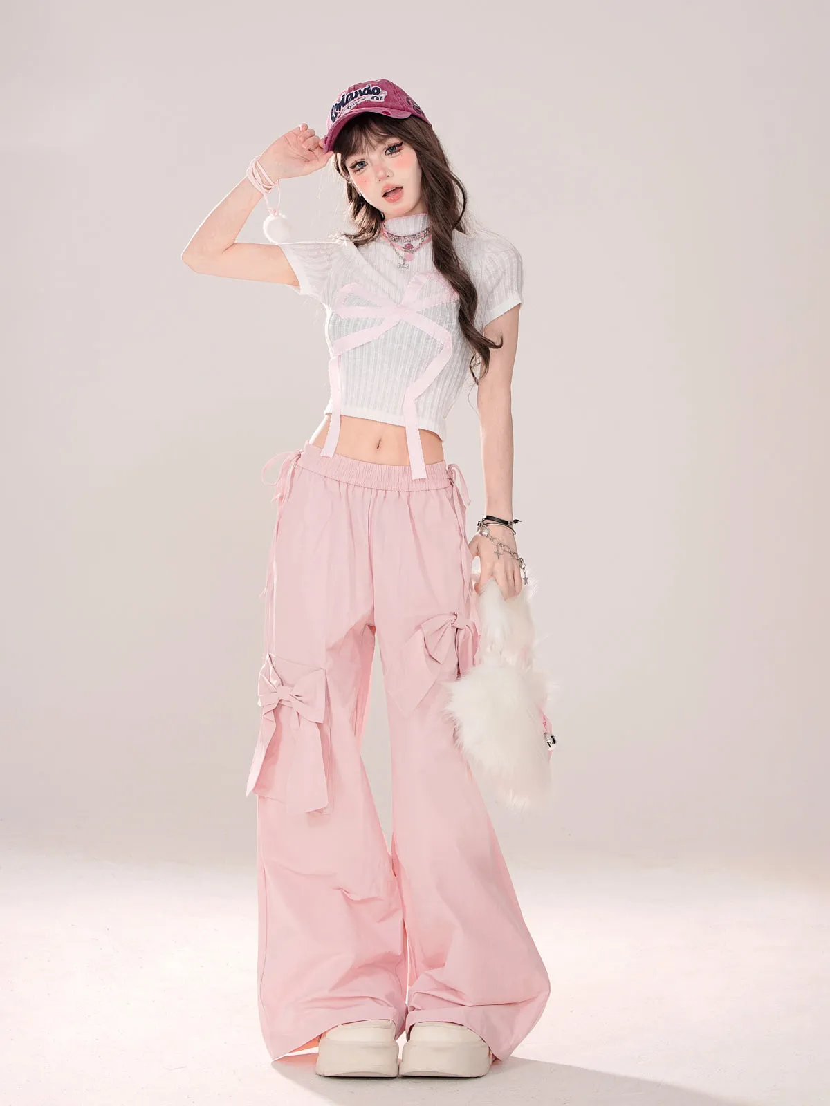 Young Eyes Sweet Girly Bow Pink Elastic Pants
