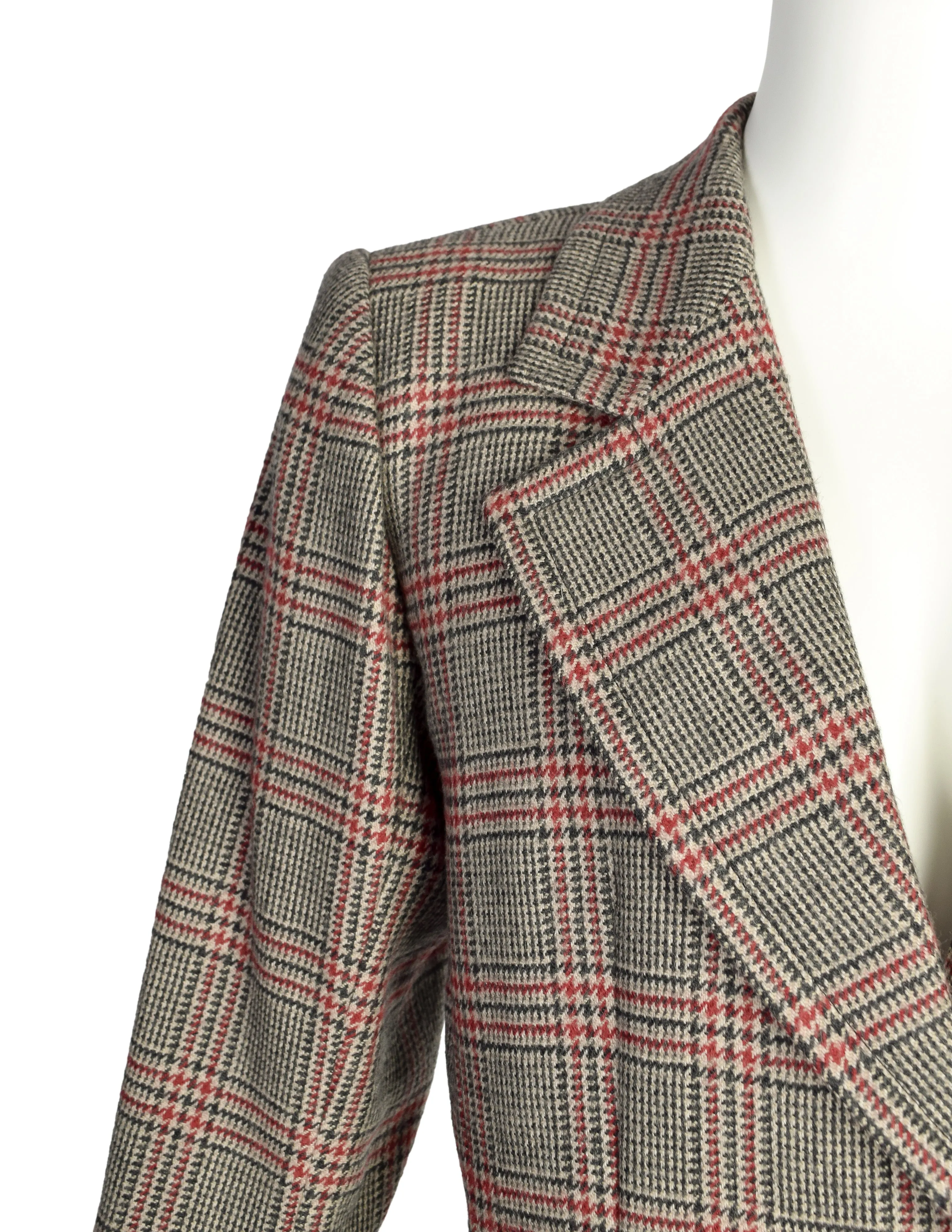 Yves Saint Laurent Vintage AW 1983 Beige Burgundy Houndstooth Plaid Jacket and Trouser Pant Suit